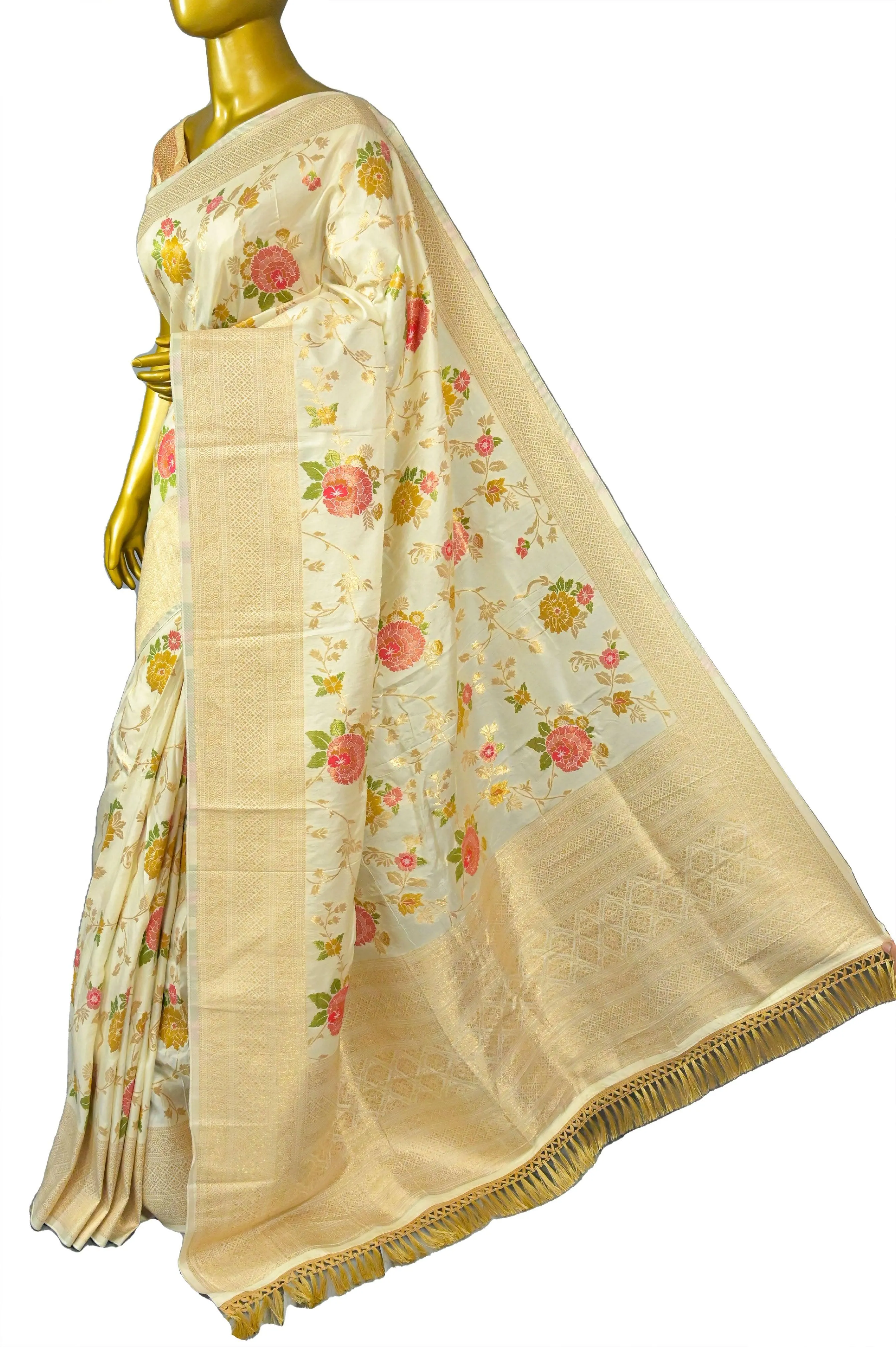 Cream Color Muga Banarasi Saree with Allover Zari Work