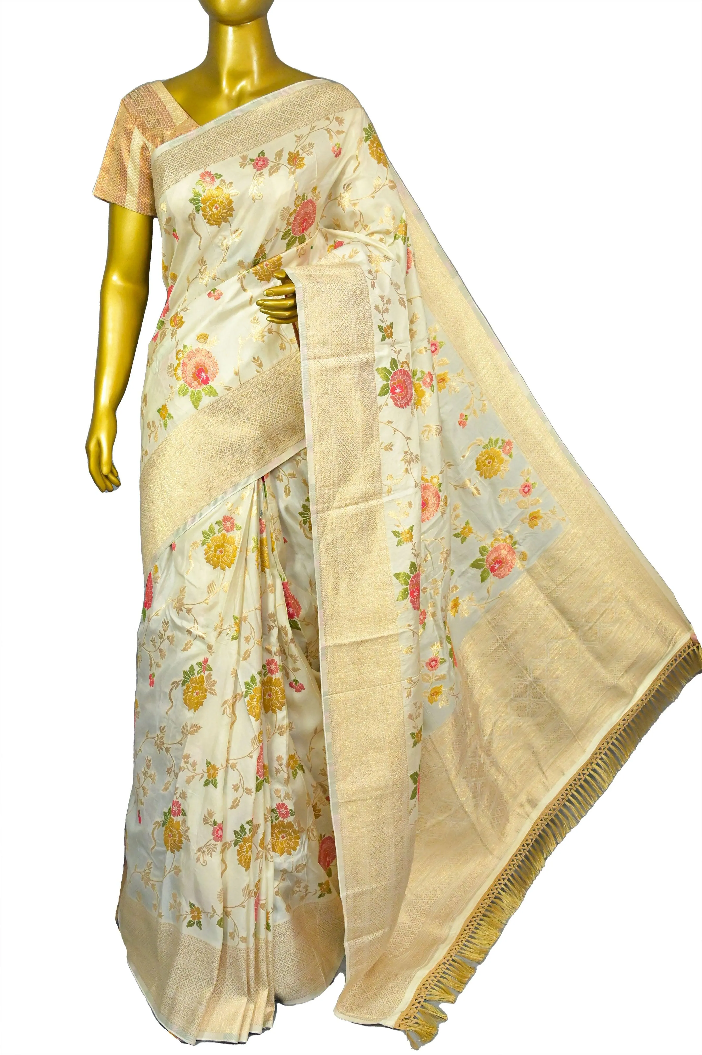 Cream Color Muga Banarasi Saree with Allover Zari Work