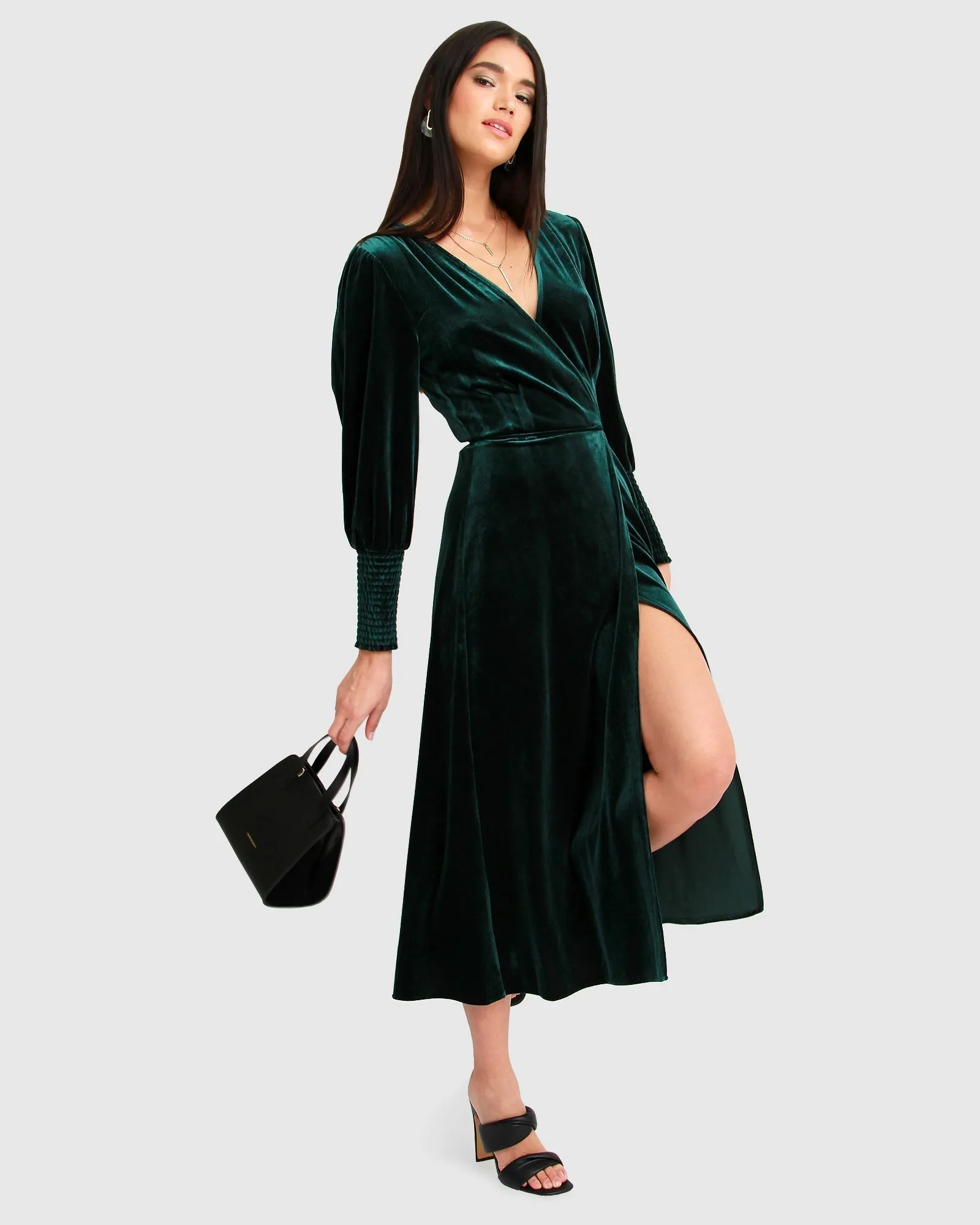 Current Mood Velvet Wrap Dress - Dark Green