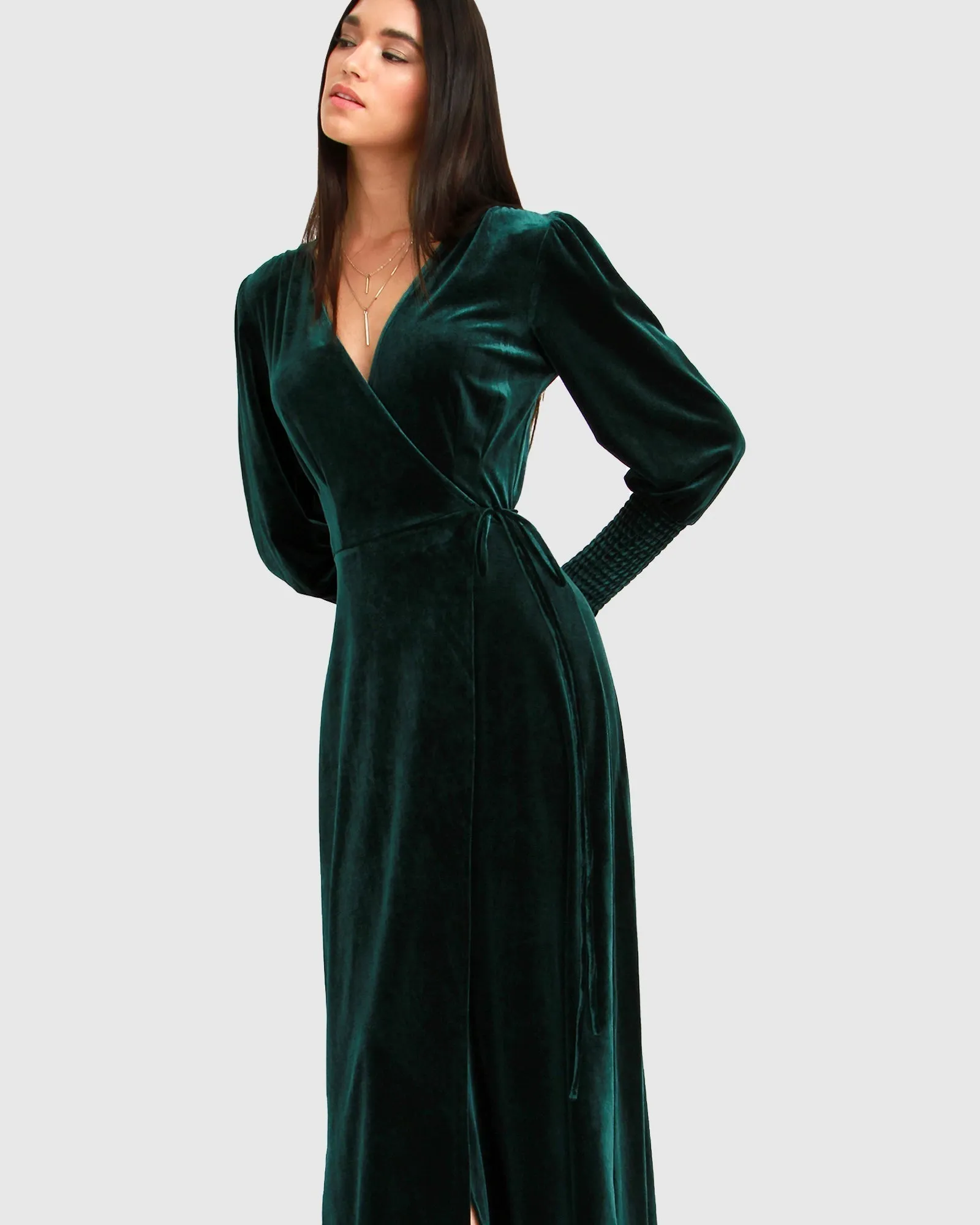 Current Mood Velvet Wrap Dress - Dark Green