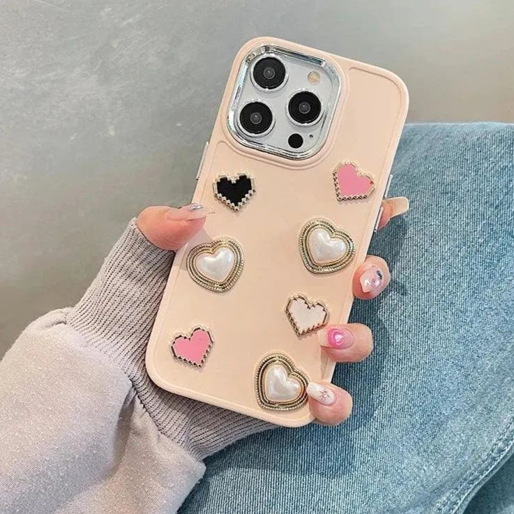 Cute Phone Case BCPC For iPhone 15, 14, 13, 12, or 11 Pro Max - 3D Pearl & Heart