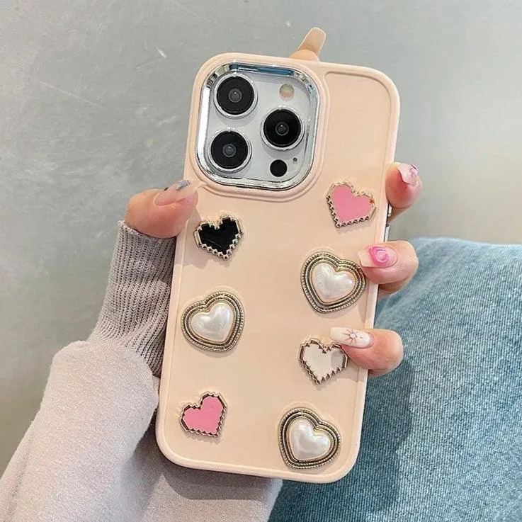 Cute Phone Case BCPC For iPhone 15, 14, 13, 12, or 11 Pro Max - 3D Pearl & Heart