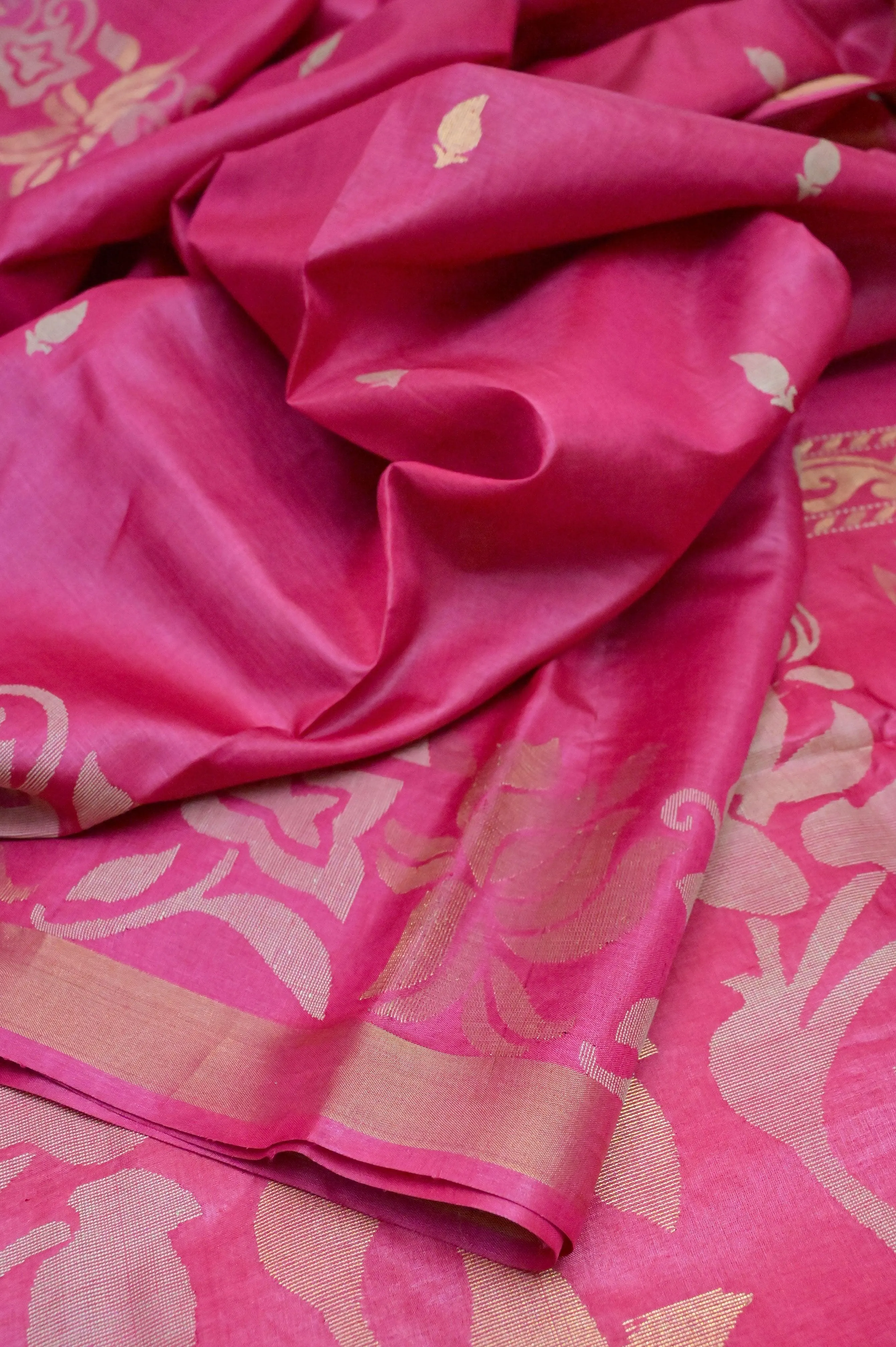 Deep Magenta Pink Color Pure Tussar Silk Saree with Lotus Border