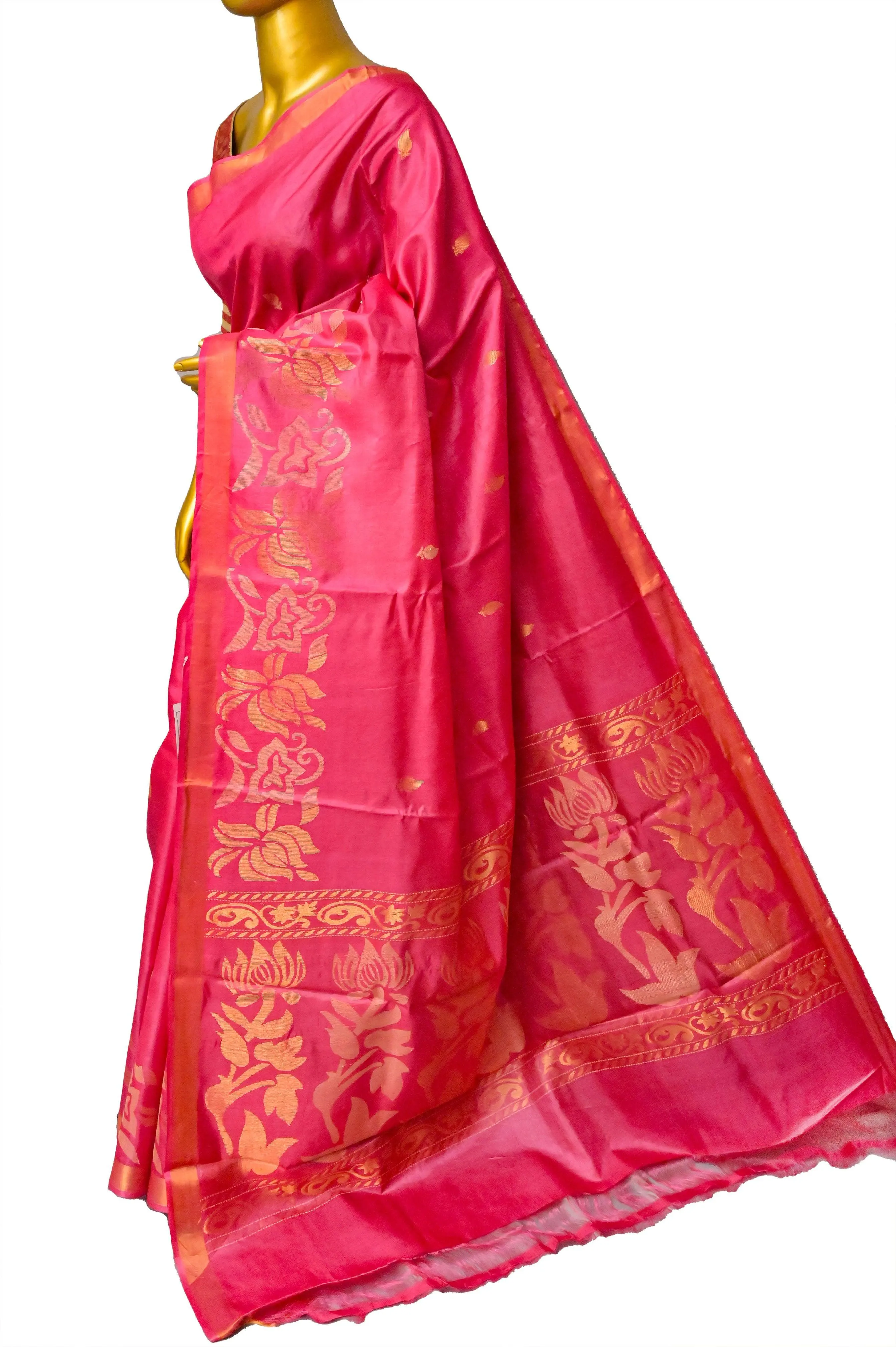 Deep Magenta Pink Color Pure Tussar Silk Saree with Lotus Border