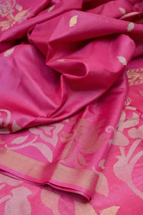 Deep Magenta Pink Color Pure Tussar Silk Saree with Lotus Border