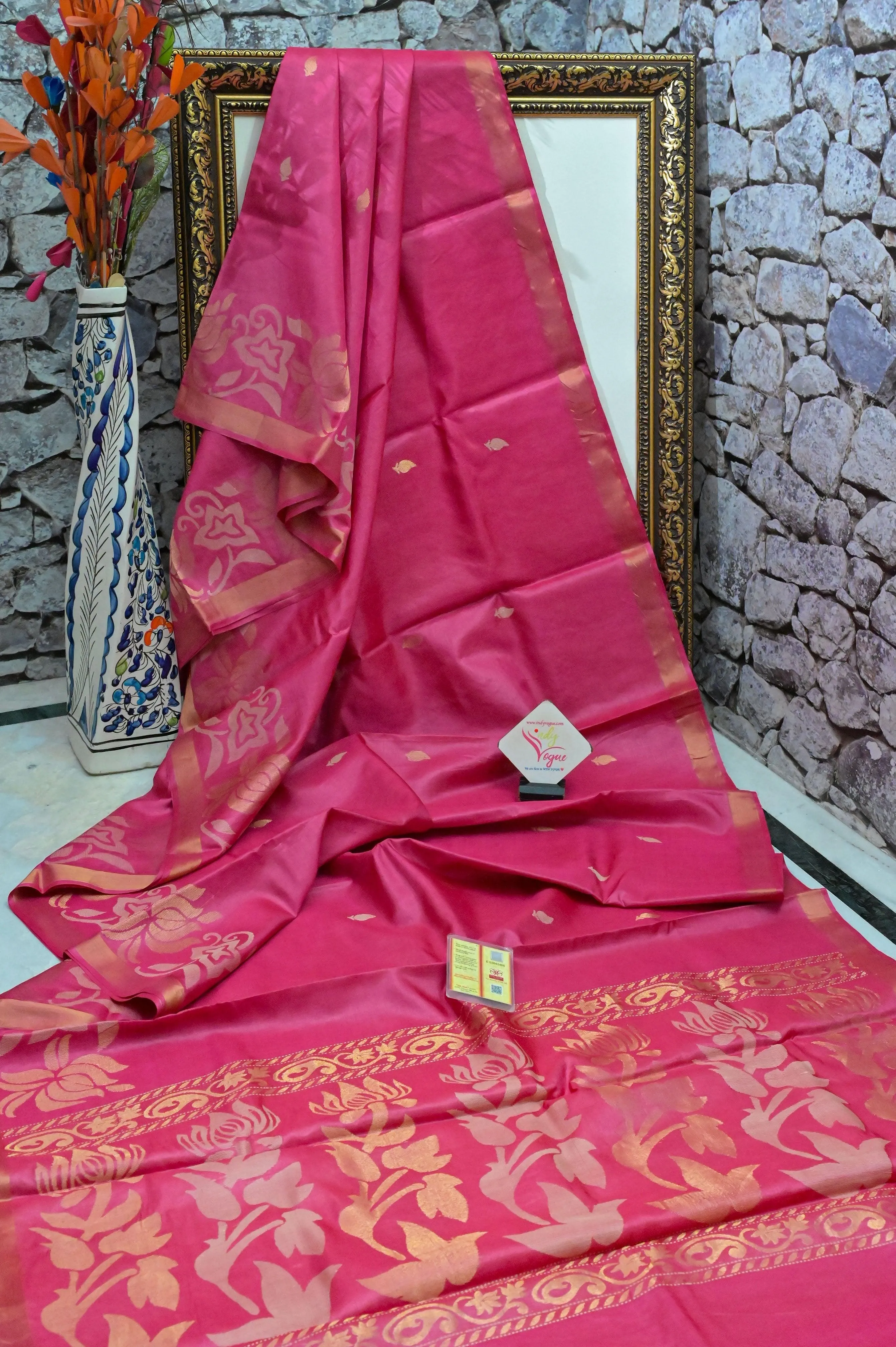 Deep Magenta Pink Color Pure Tussar Silk Saree with Lotus Border