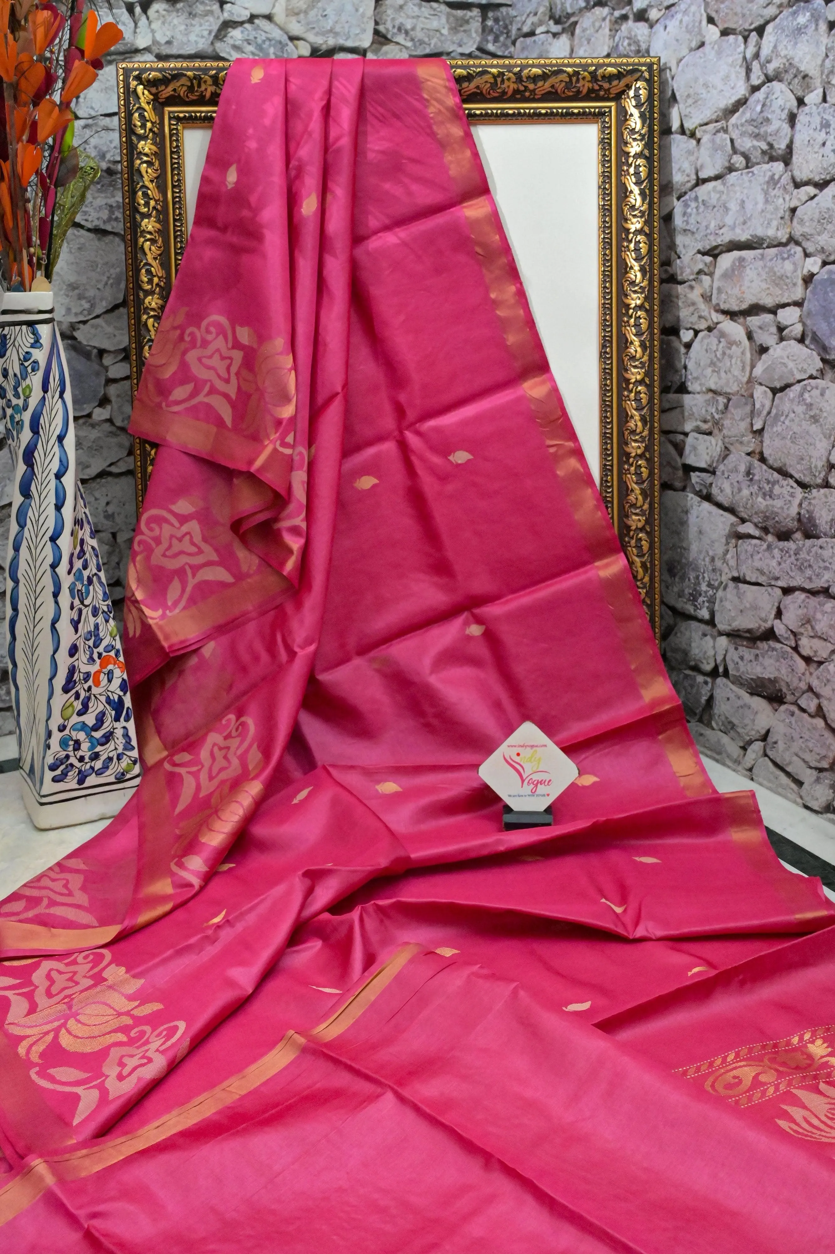 Deep Magenta Pink Color Pure Tussar Silk Saree with Lotus Border