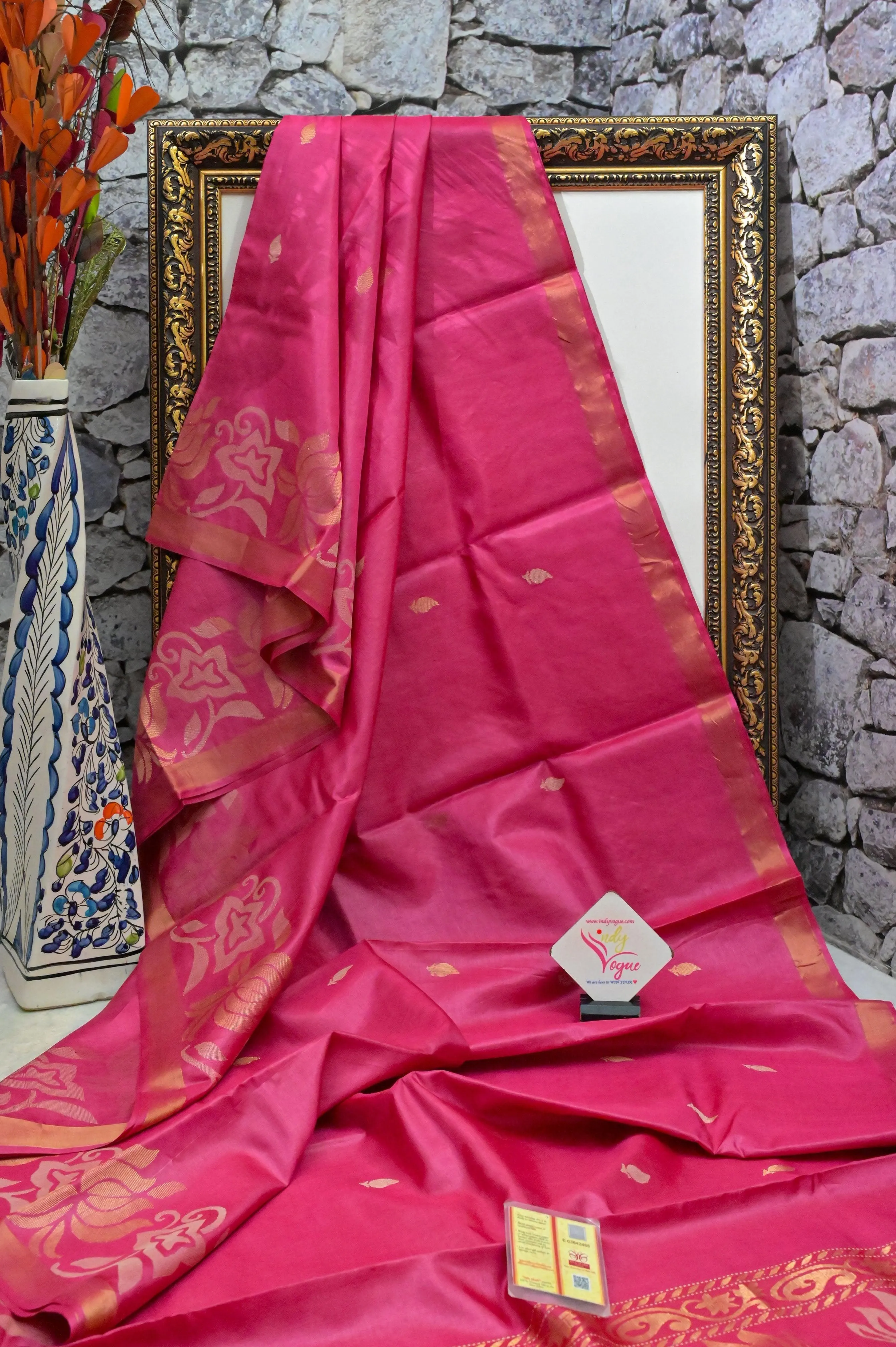 Deep Magenta Pink Color Pure Tussar Silk Saree with Lotus Border