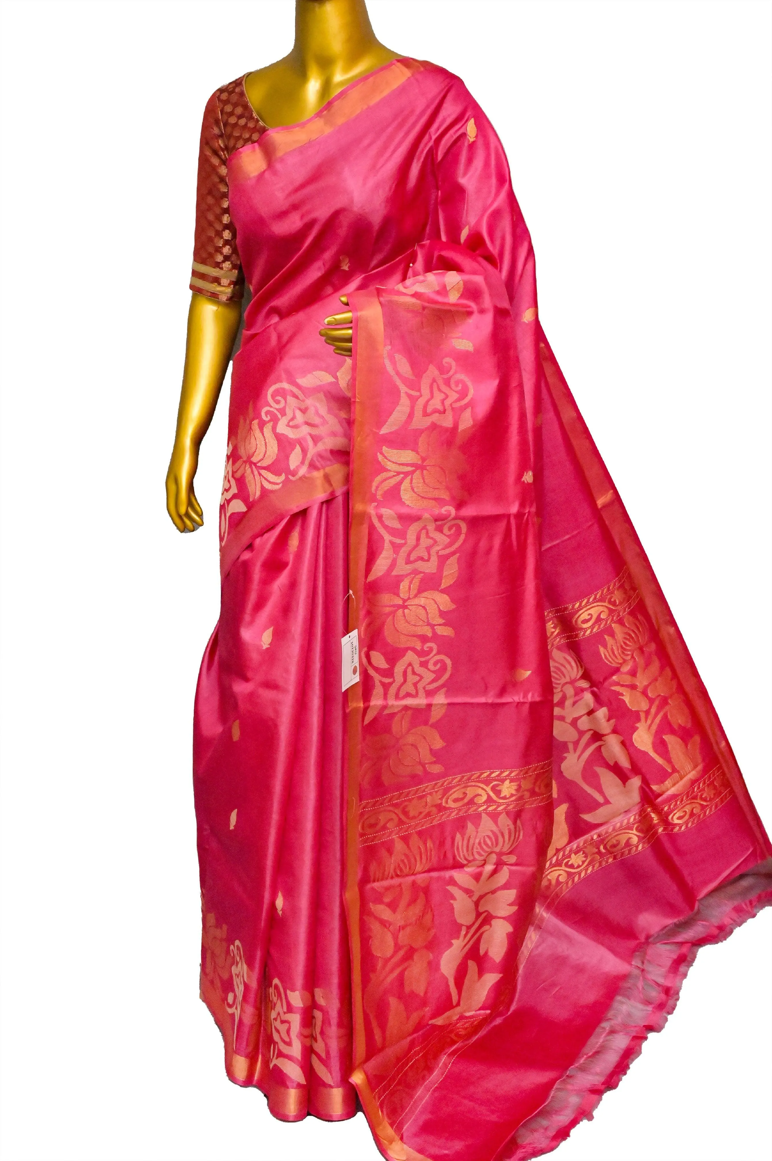 Deep Magenta Pink Color Pure Tussar Silk Saree with Lotus Border