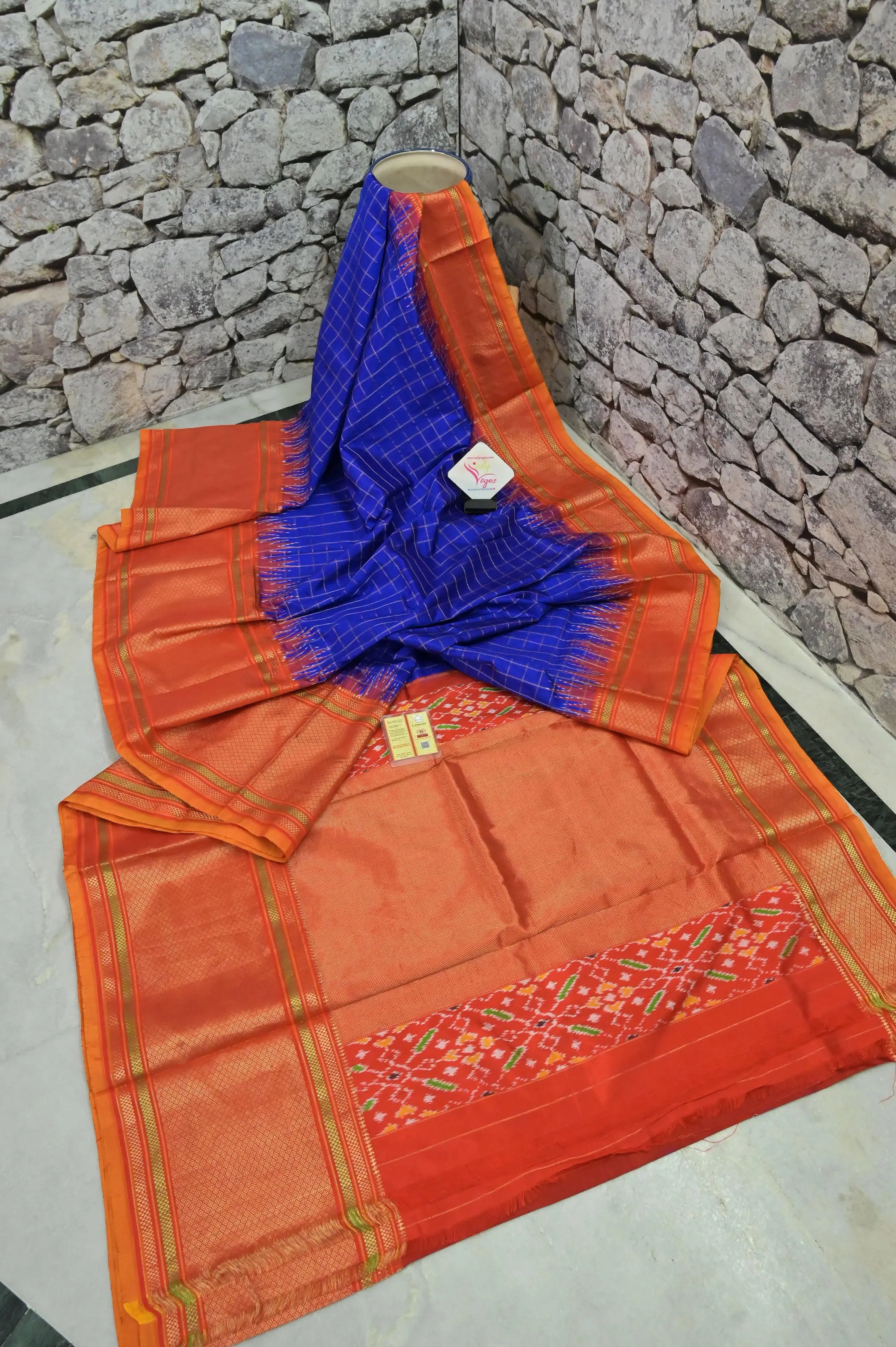 Deep Ultramarine Blue Color Pure Ikat Silk Saree