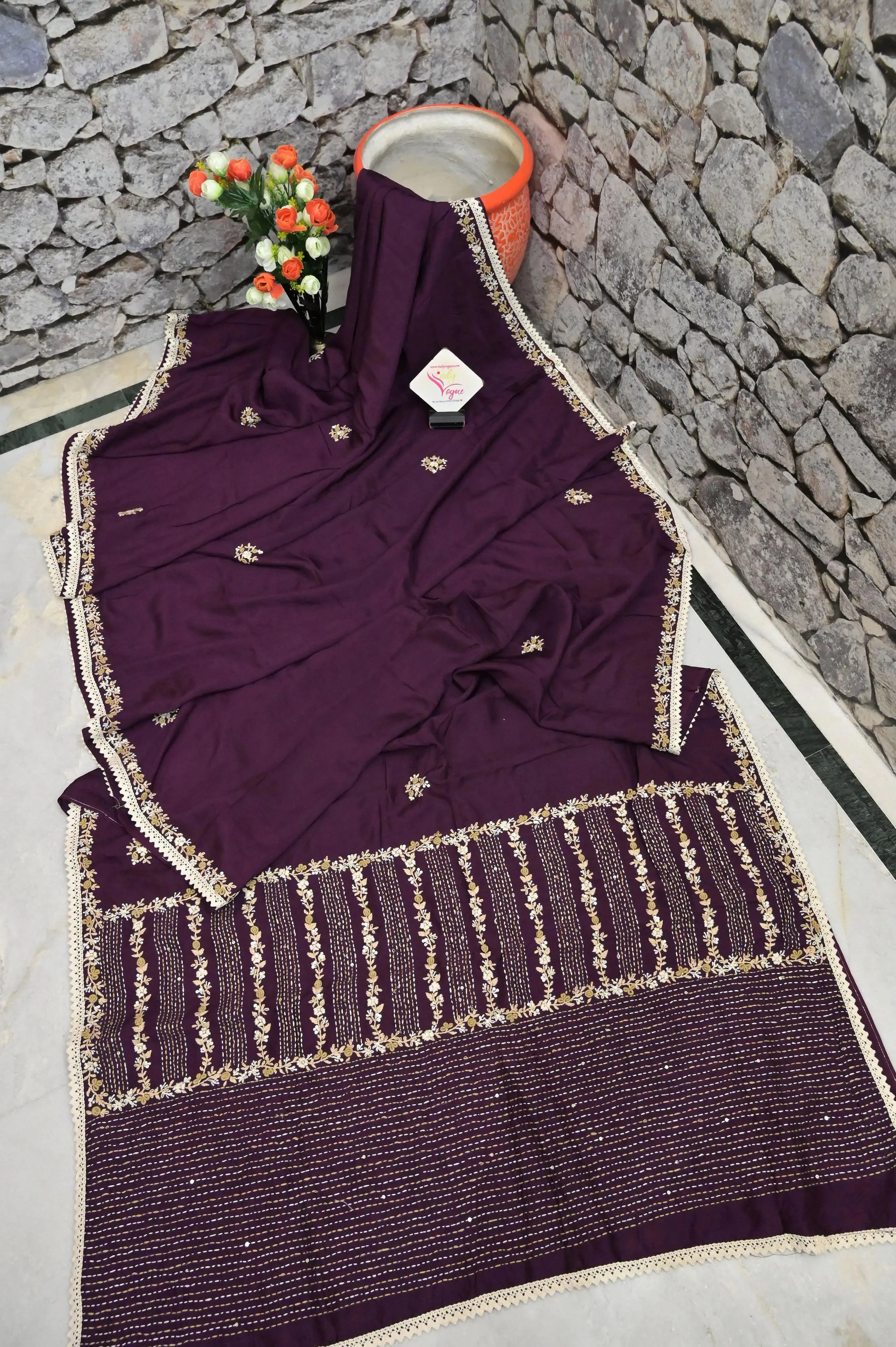 Deep Wine Color Chinon Silk Saree with Sequin and Hand Embroidery