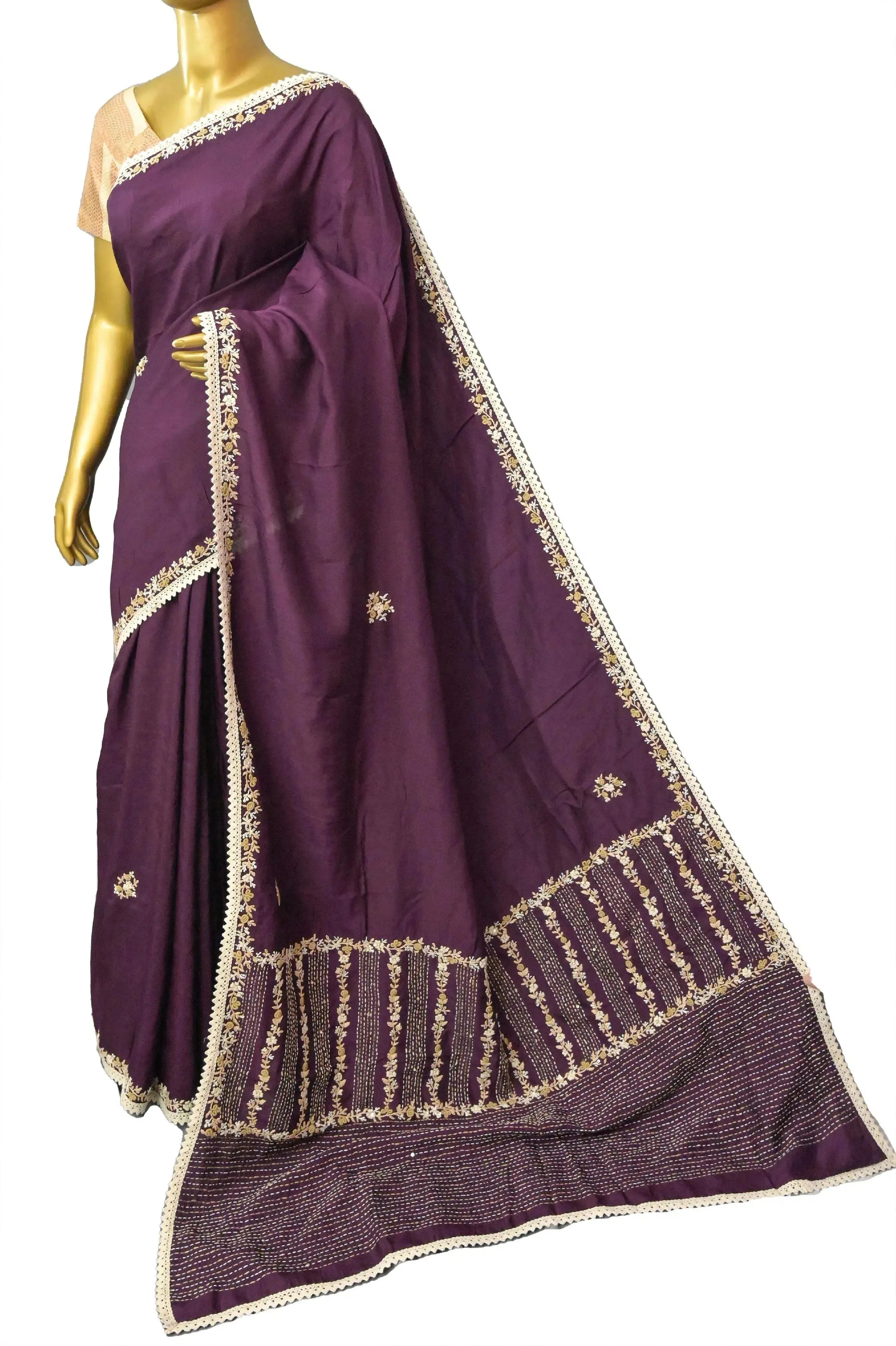 Deep Wine Color Chinon Silk Saree with Sequin and Hand Embroidery