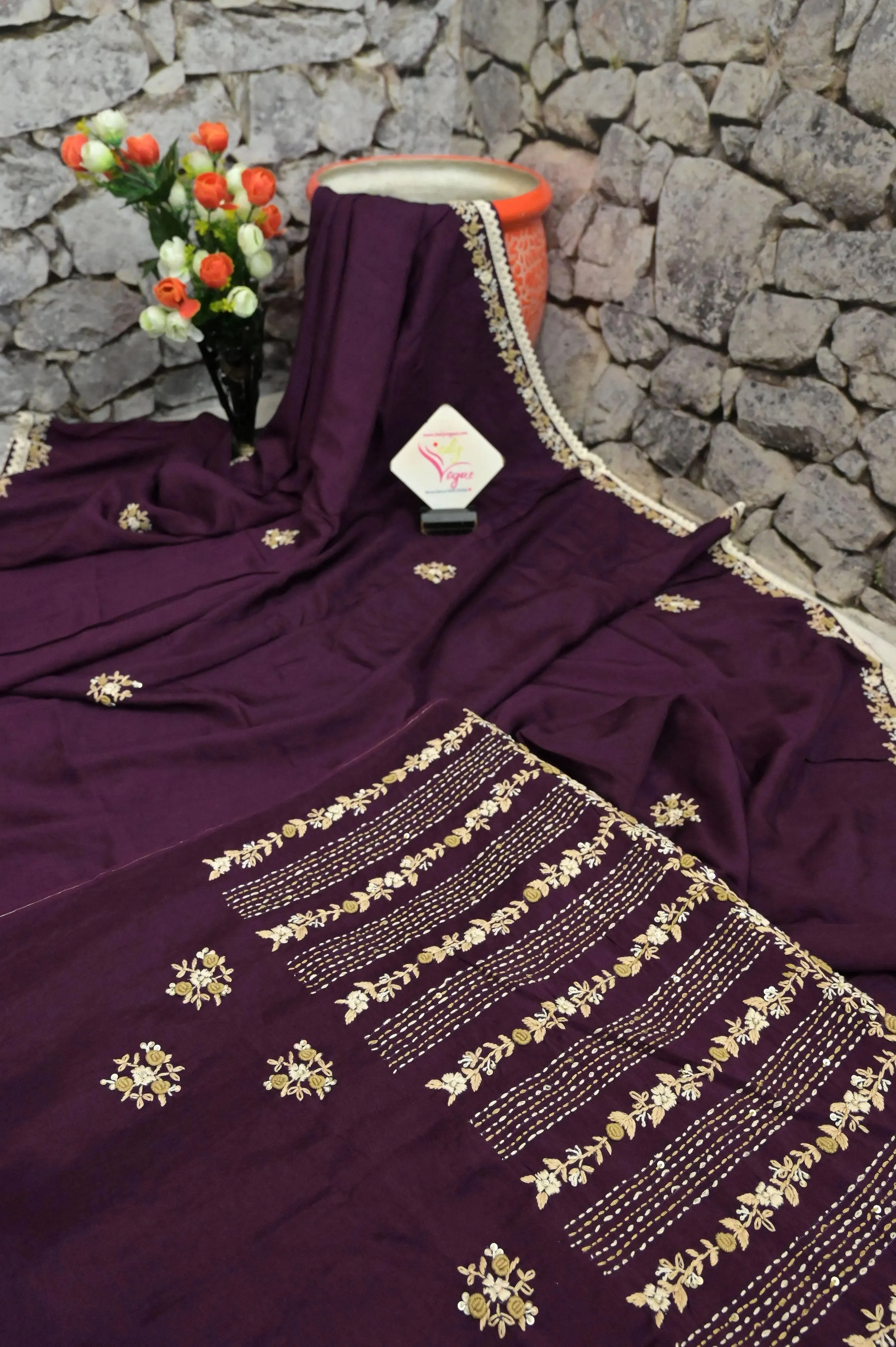 Deep Wine Color Chinon Silk Saree with Sequin and Hand Embroidery