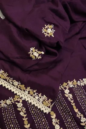 Deep Wine Color Chinon Silk Saree with Sequin and Hand Embroidery