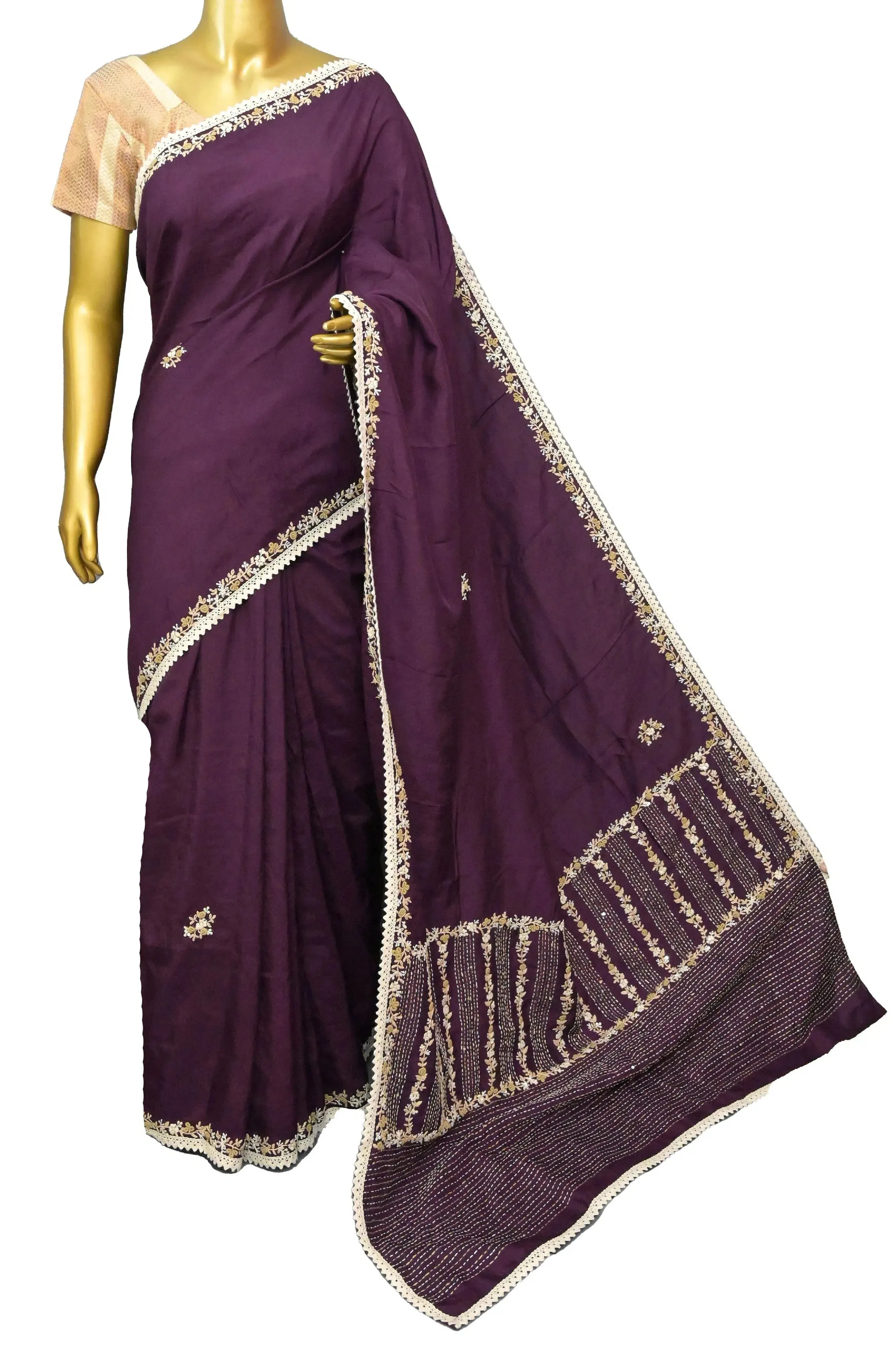 Deep Wine Color Chinon Silk Saree with Sequin and Hand Embroidery