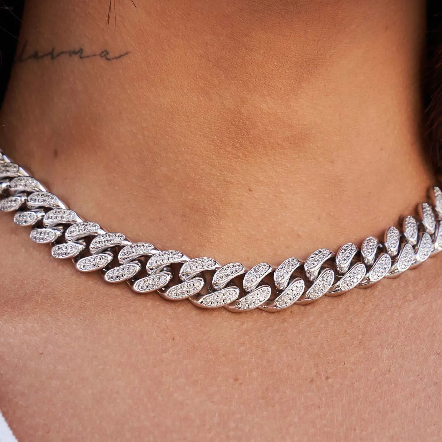 Diamond Cuban Link Choker in White Gold - 12mm