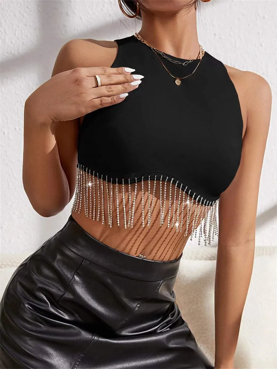 DressBetty - Rhinestone Tasseled Crop Top