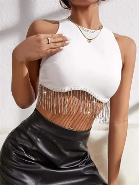 DressBetty - Rhinestone Tasseled Crop Top