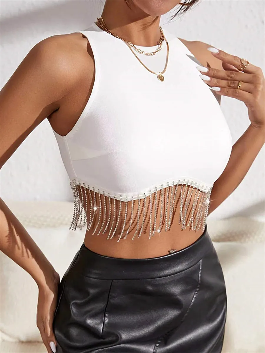 DressBetty - Rhinestone Tasseled Crop Top