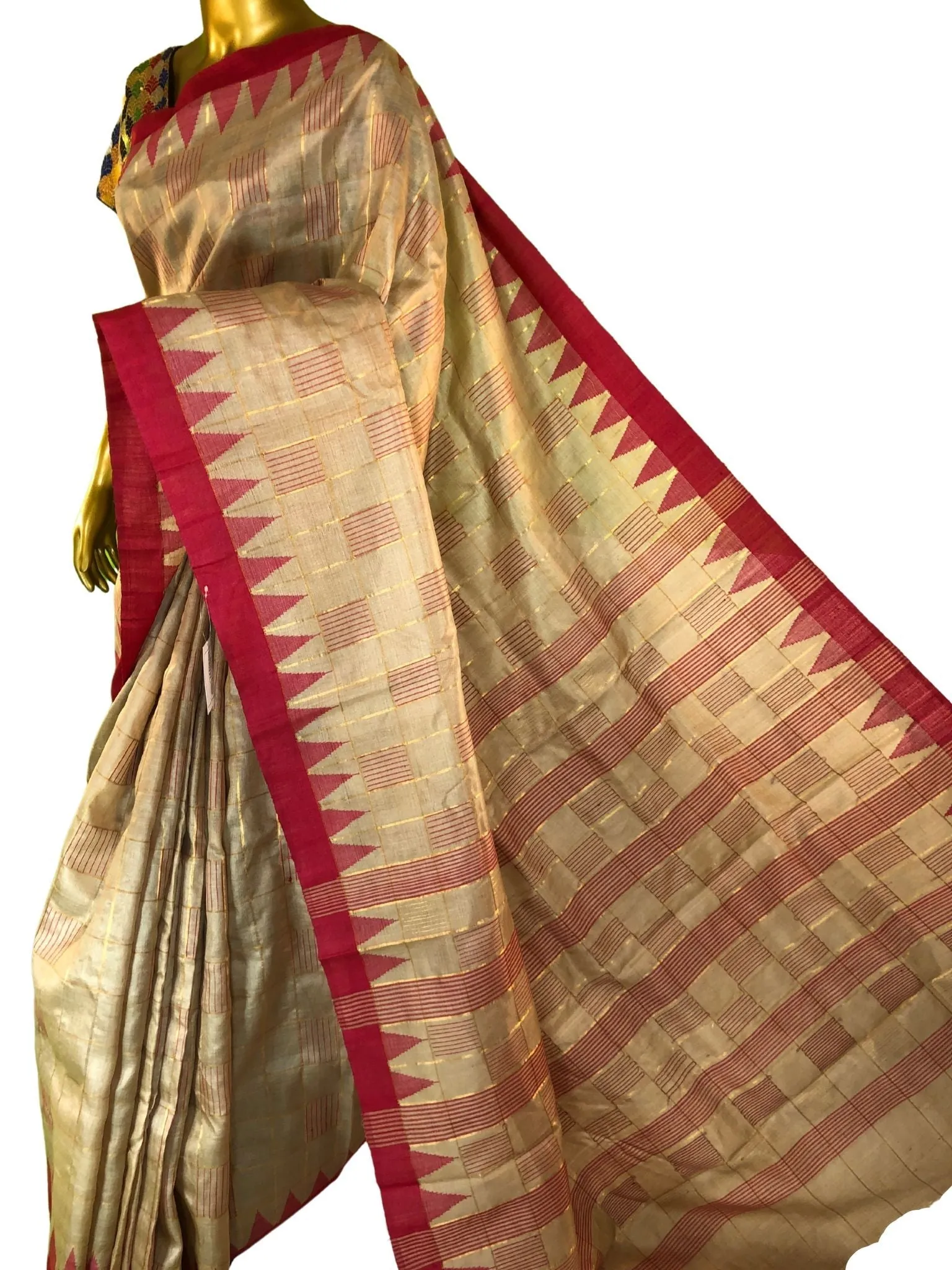 Dusty Offwhite Color Pure Tussar Silk Saree with Zari Check & Temple Border