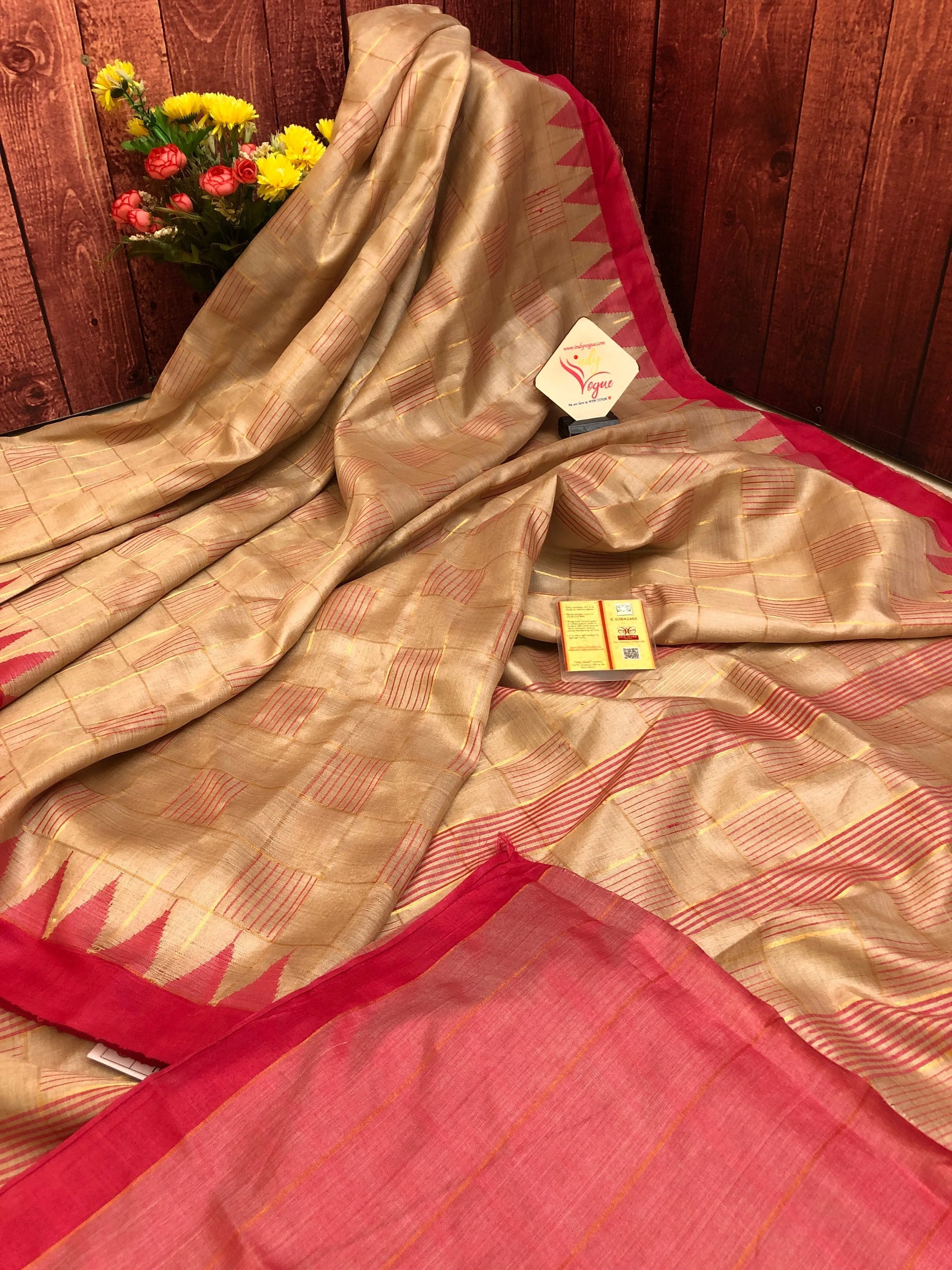 Dusty Offwhite Color Pure Tussar Silk Saree with Zari Check & Temple Border