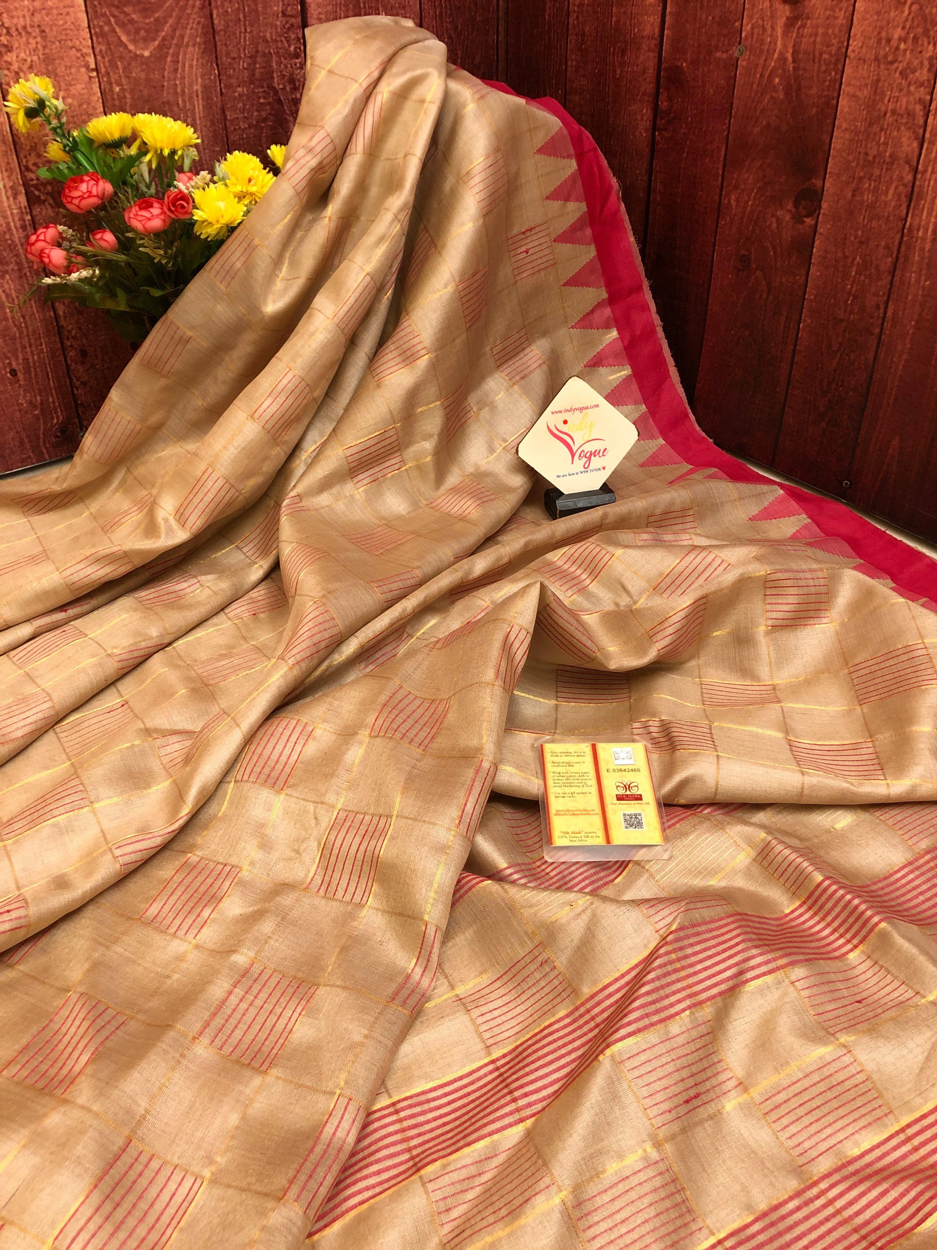 Dusty Offwhite Color Pure Tussar Silk Saree with Zari Check & Temple Border