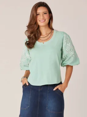 Embroidered Below Elbow Bubble Sleeve Scoop Neck Mix Media Knit Top