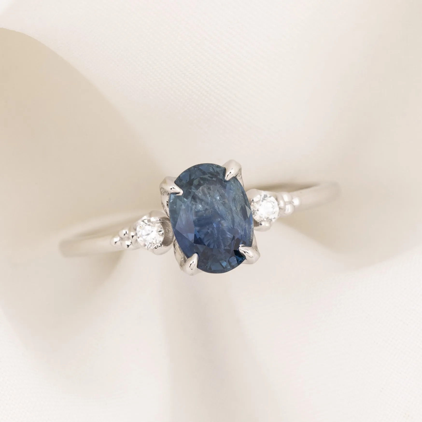 Estel Ring 1.42ct Oval Blue Sapphire, 14K White Gold (One of a kind)