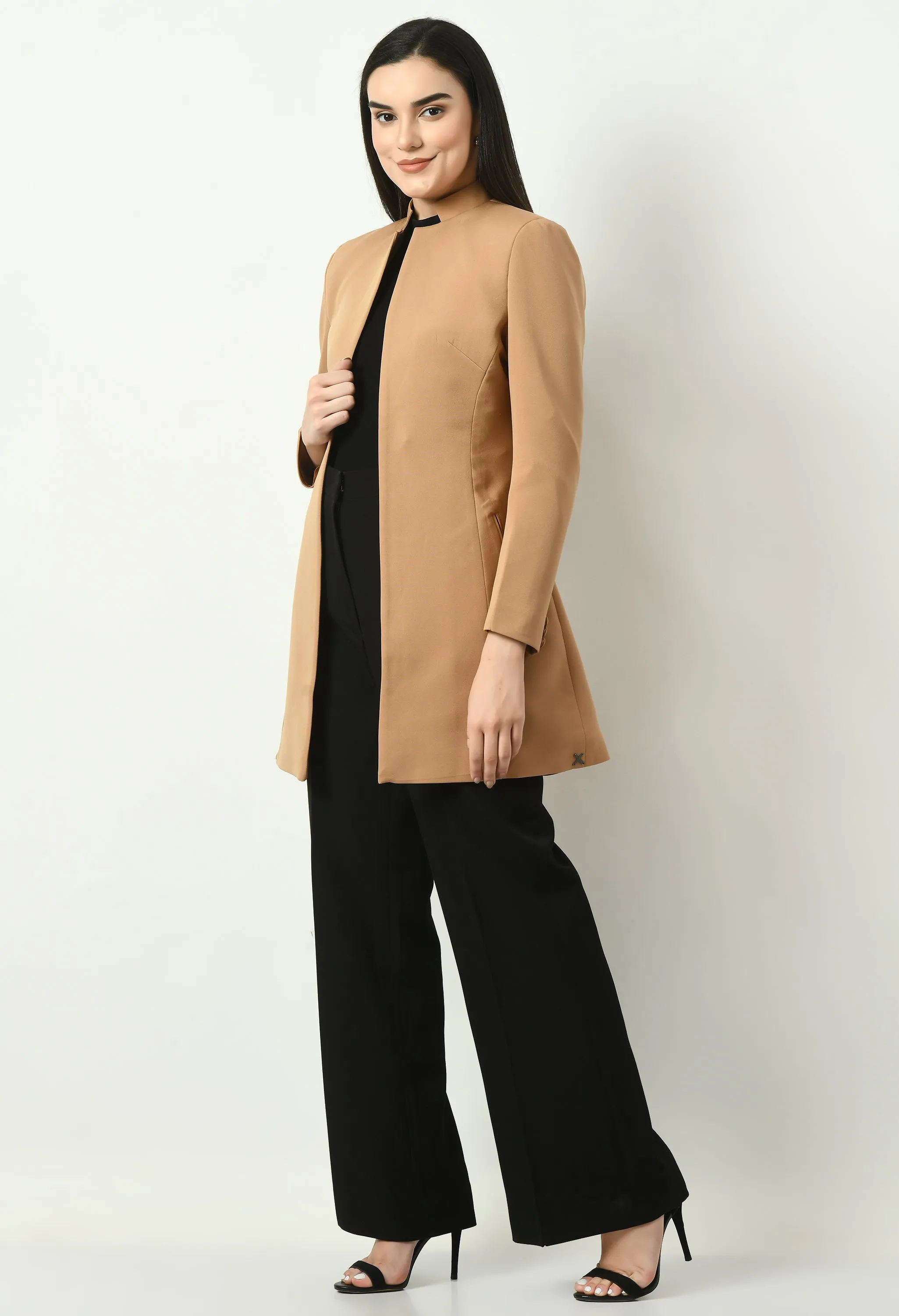 Exude Supremacy Solid Long Blazer (Beige)