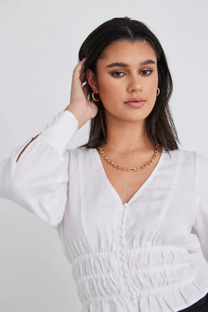 Fabled White Linen LS Shirred Waist Top