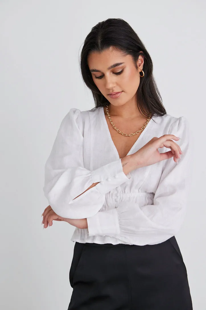 Fabled White Linen LS Shirred Waist Top