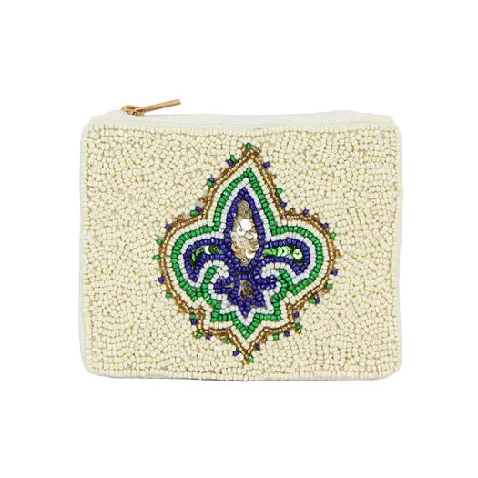 Fleur De Lis Mardi Gras Seed Beaded Mini Pouch Bag