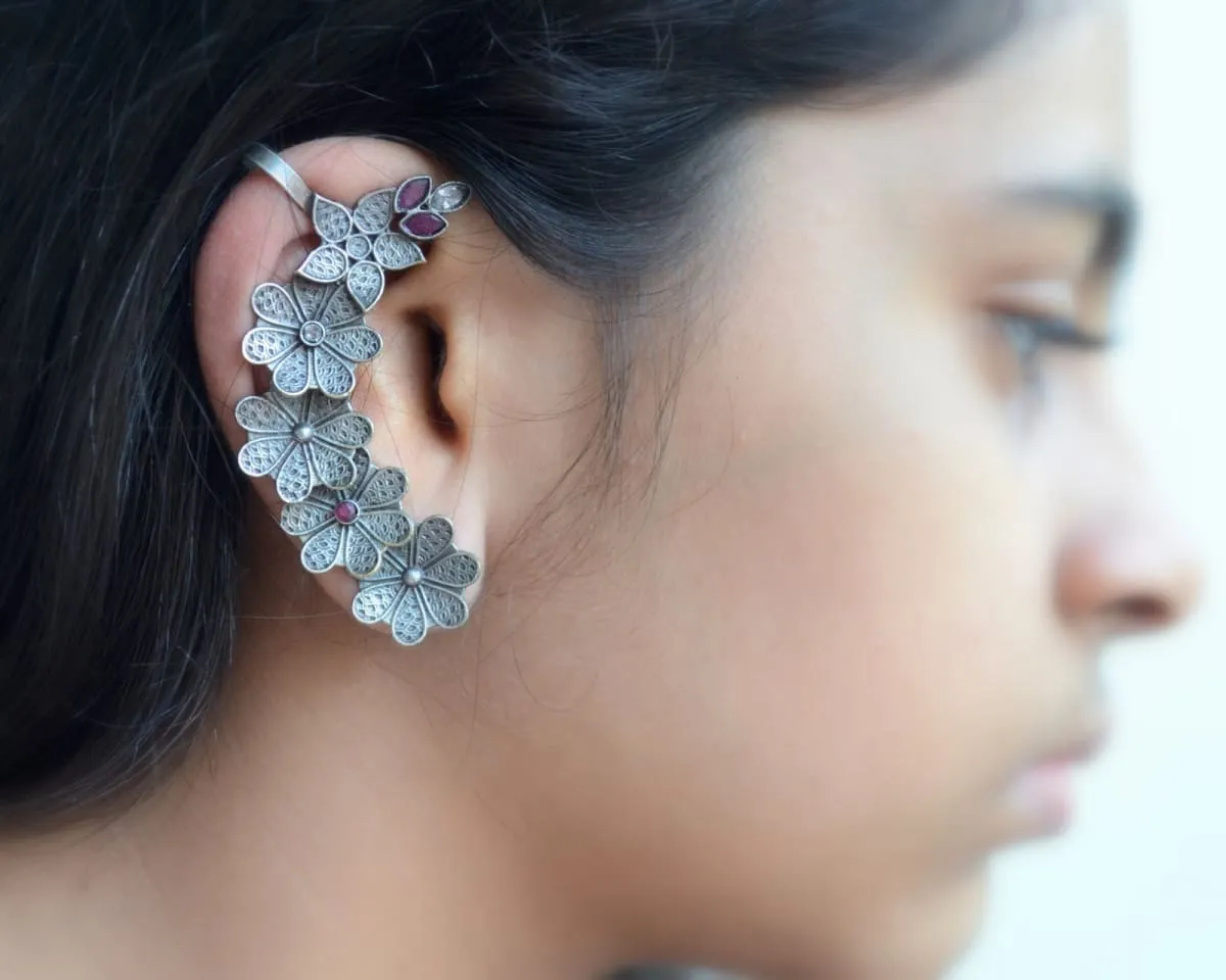 Flower Ear Climber Earrings, fine silver Ear Cuffs, Ear Crawler earring, statement ear cuff