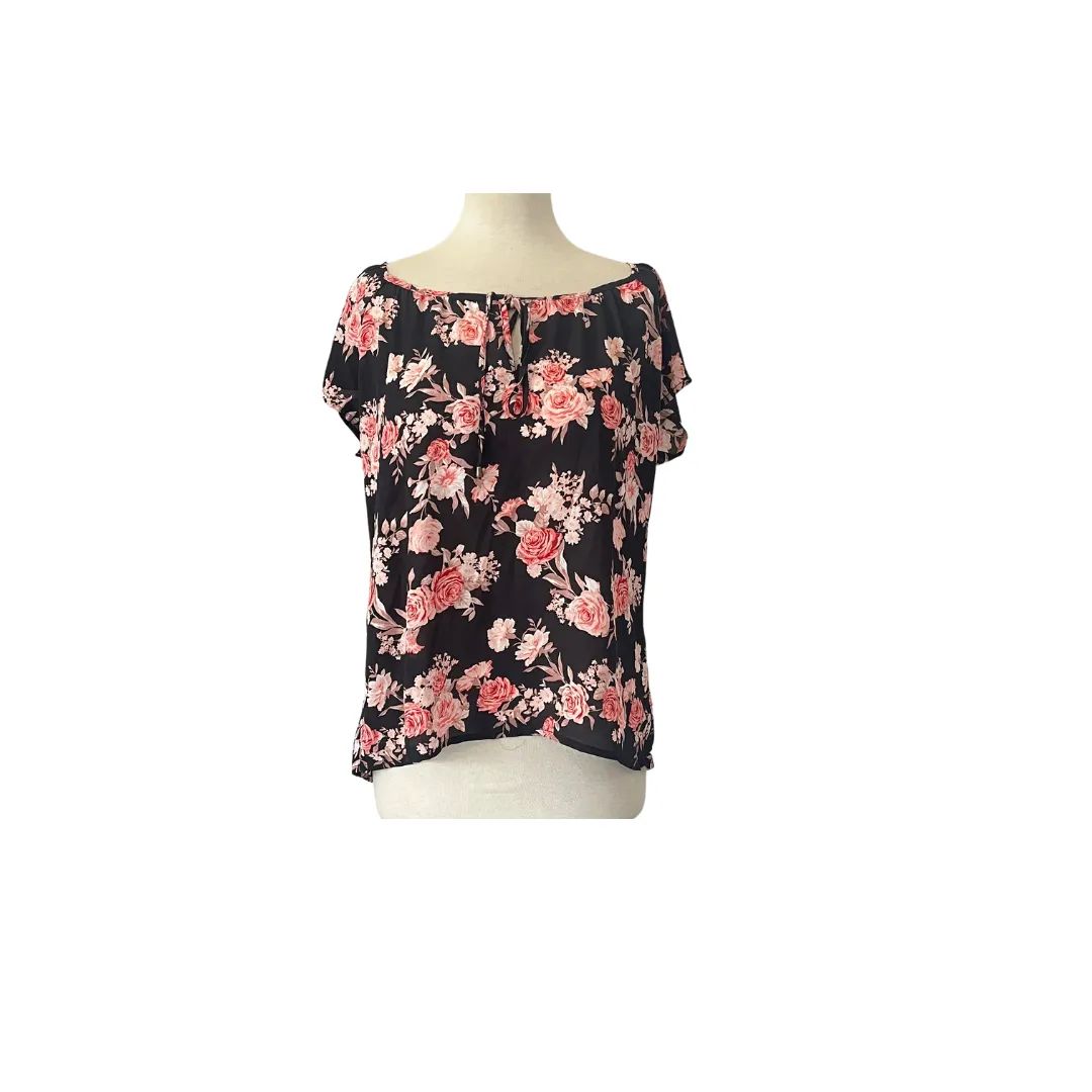 Forever 21 Black & Pink Floral Short-sleeves Blouse | Gently Used |