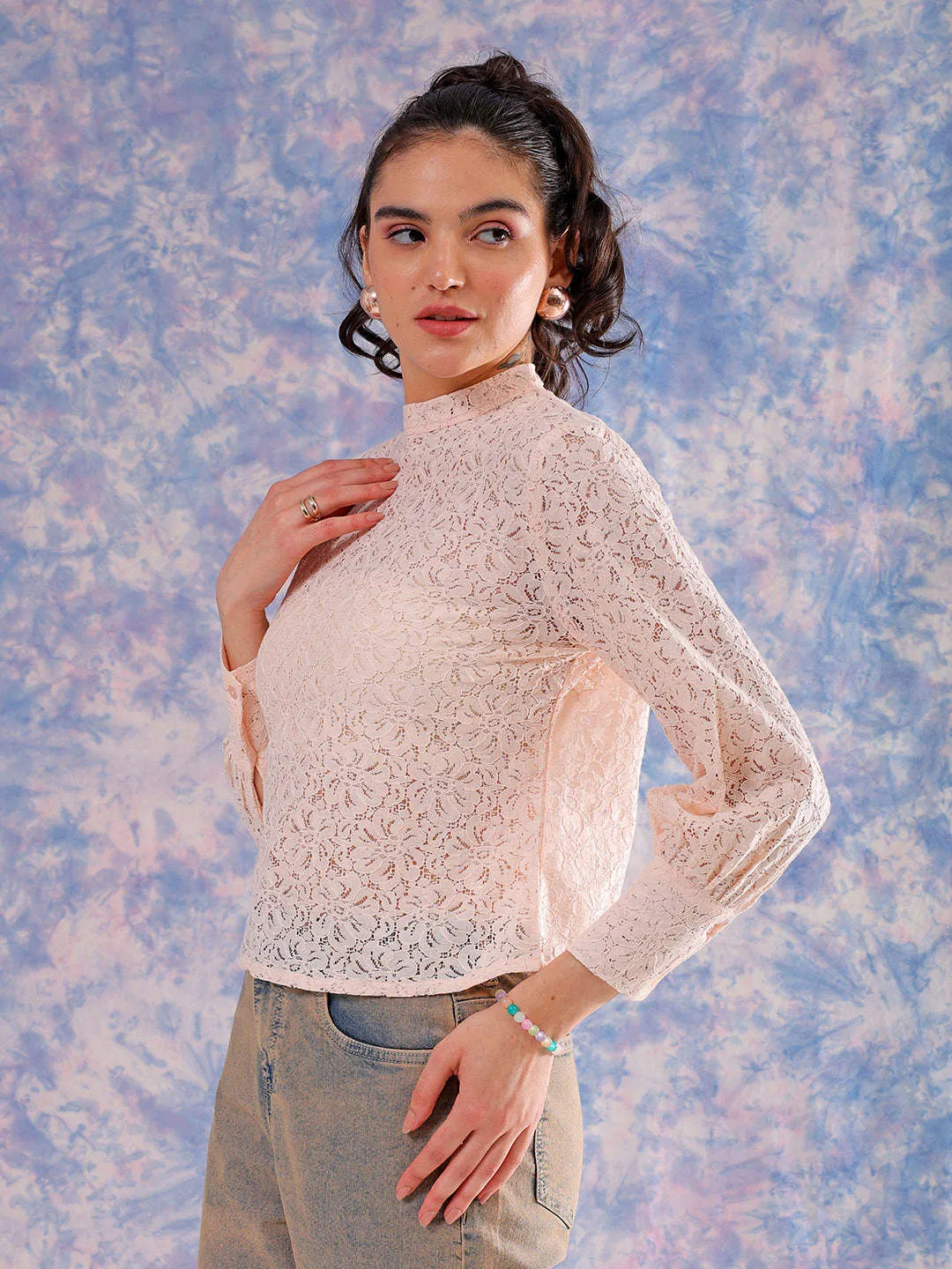 Freehand Women Pink Regular Lace Round Neck Regular Top