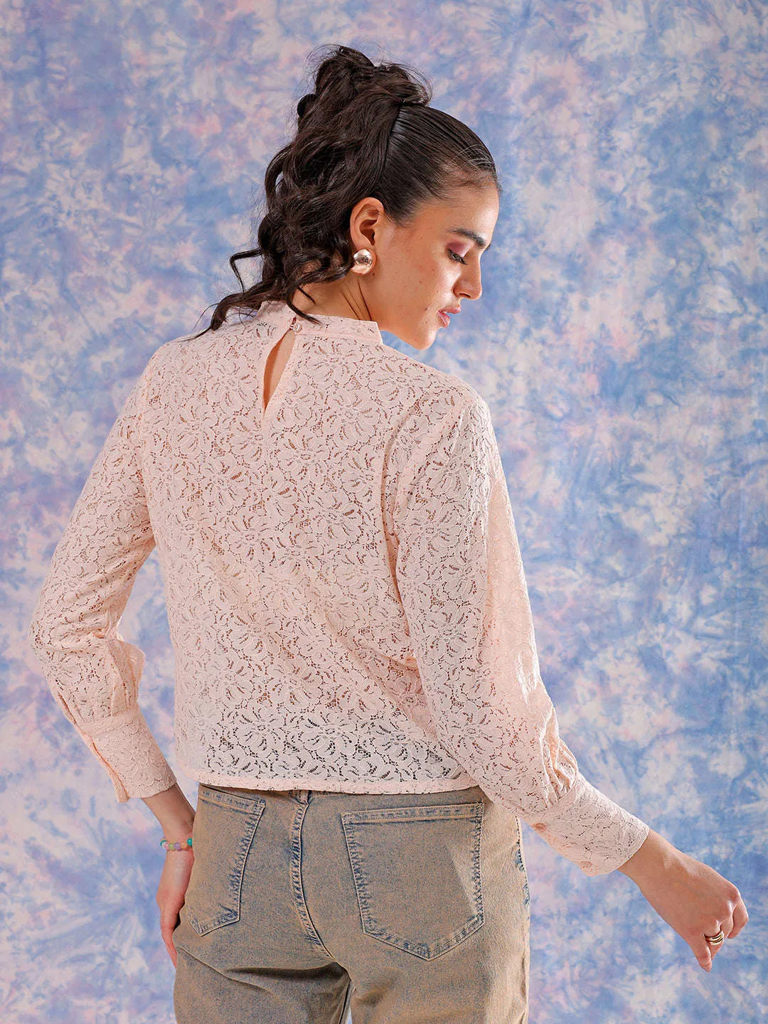 Freehand Women Pink Regular Lace Round Neck Regular Top