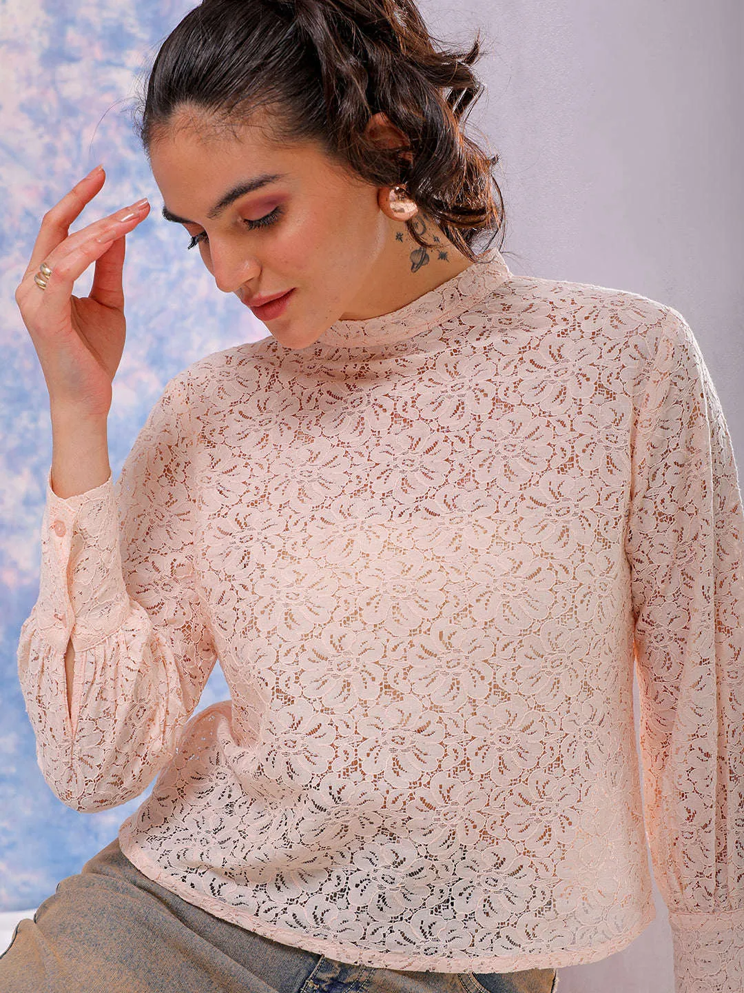 Freehand Women Pink Regular Lace Round Neck Regular Top