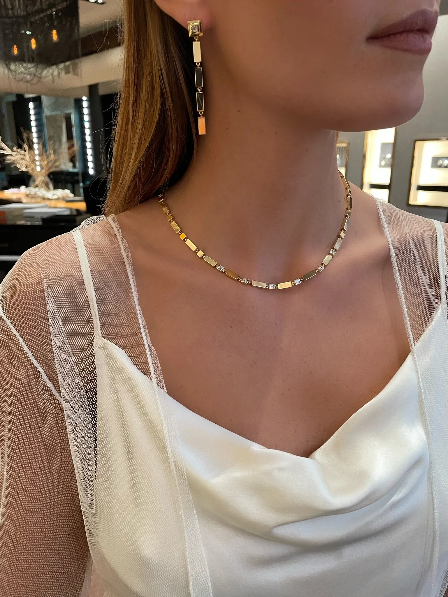 Gold Bar & Carre Diamond Necklace