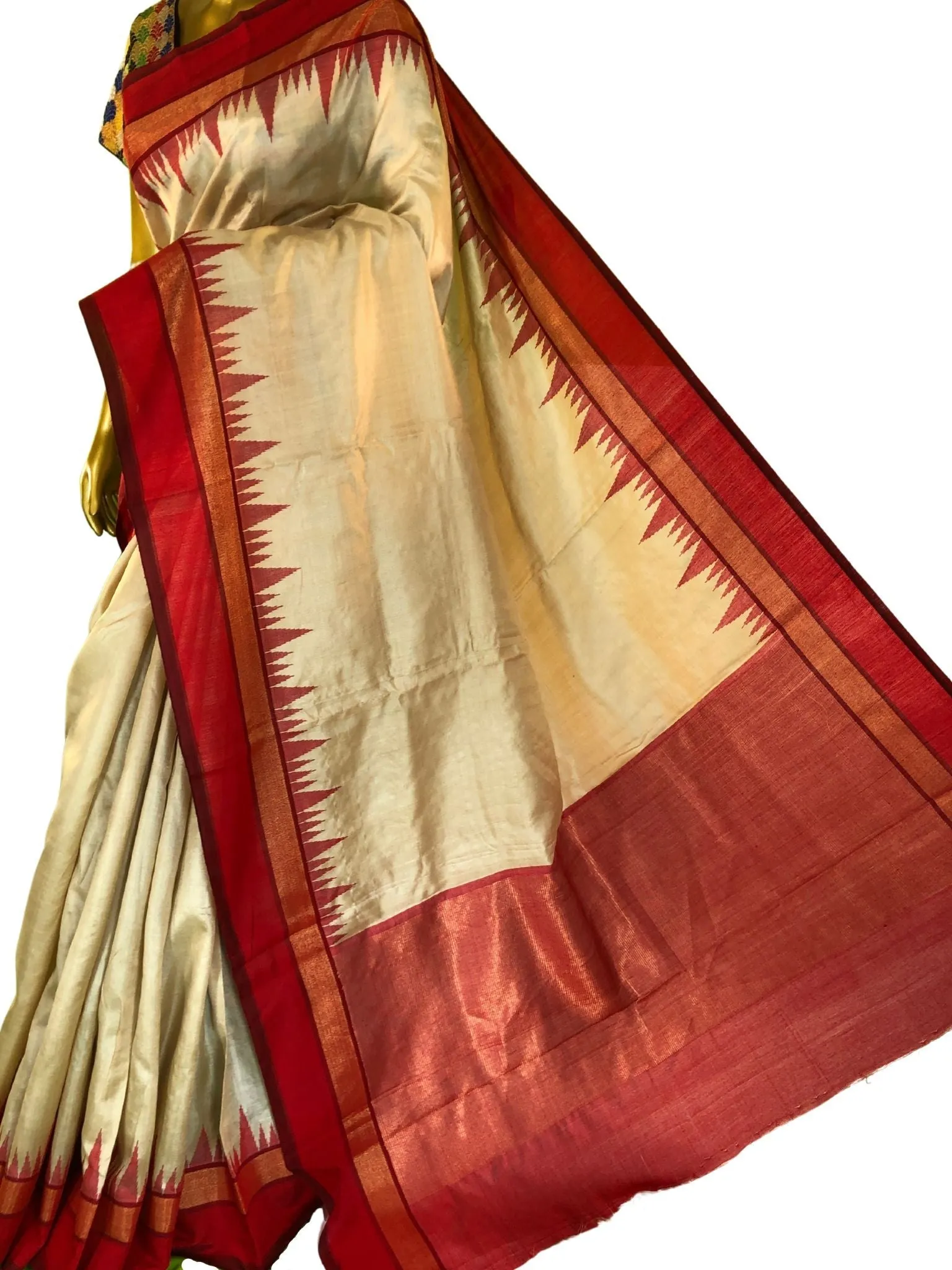 Golden Cream and Red Color Tussar Silk Saree