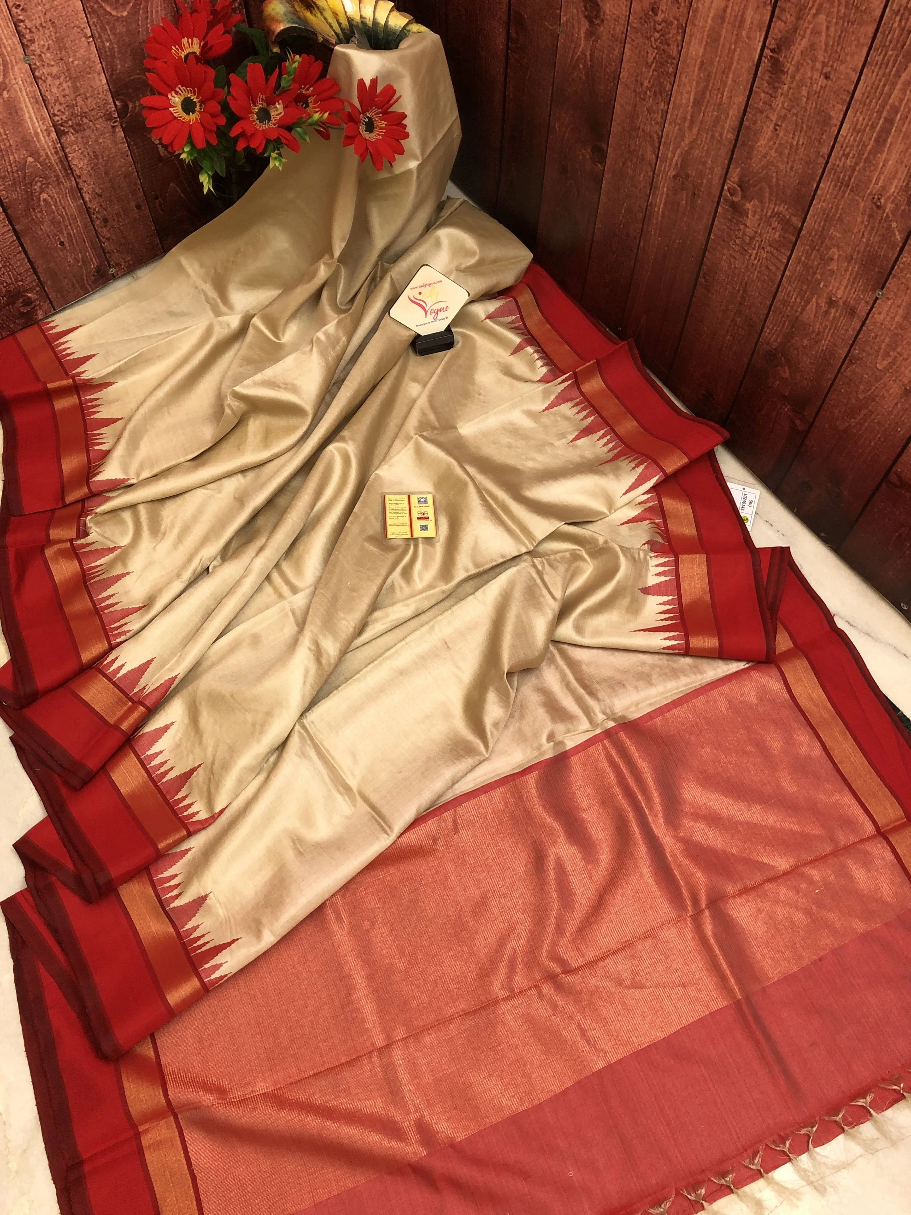 Golden Cream and Red Color Tussar Silk Saree