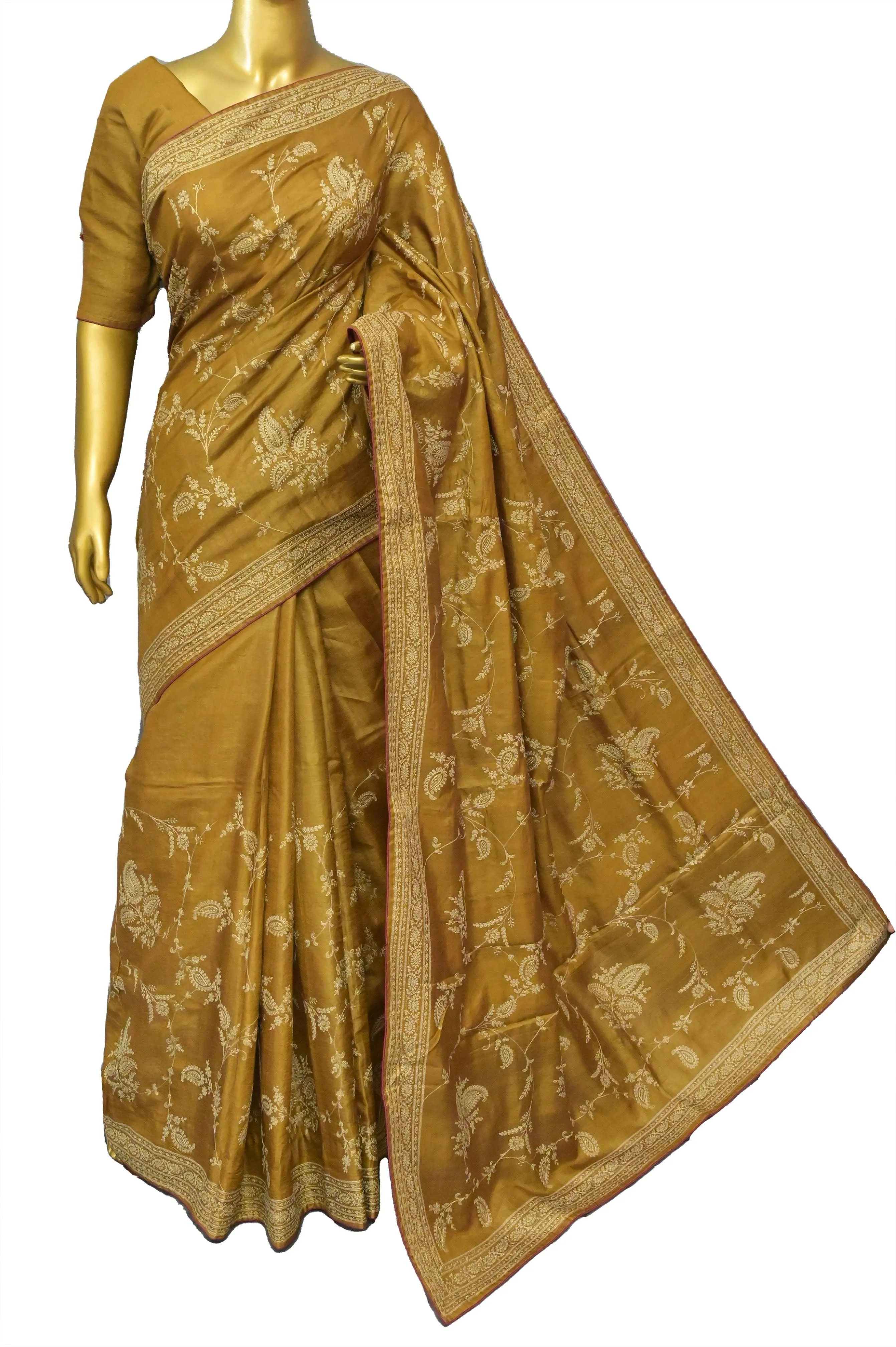 Golden Yellow Color Gachi Tussar Silk Saree with Chikankari and Sequin Work