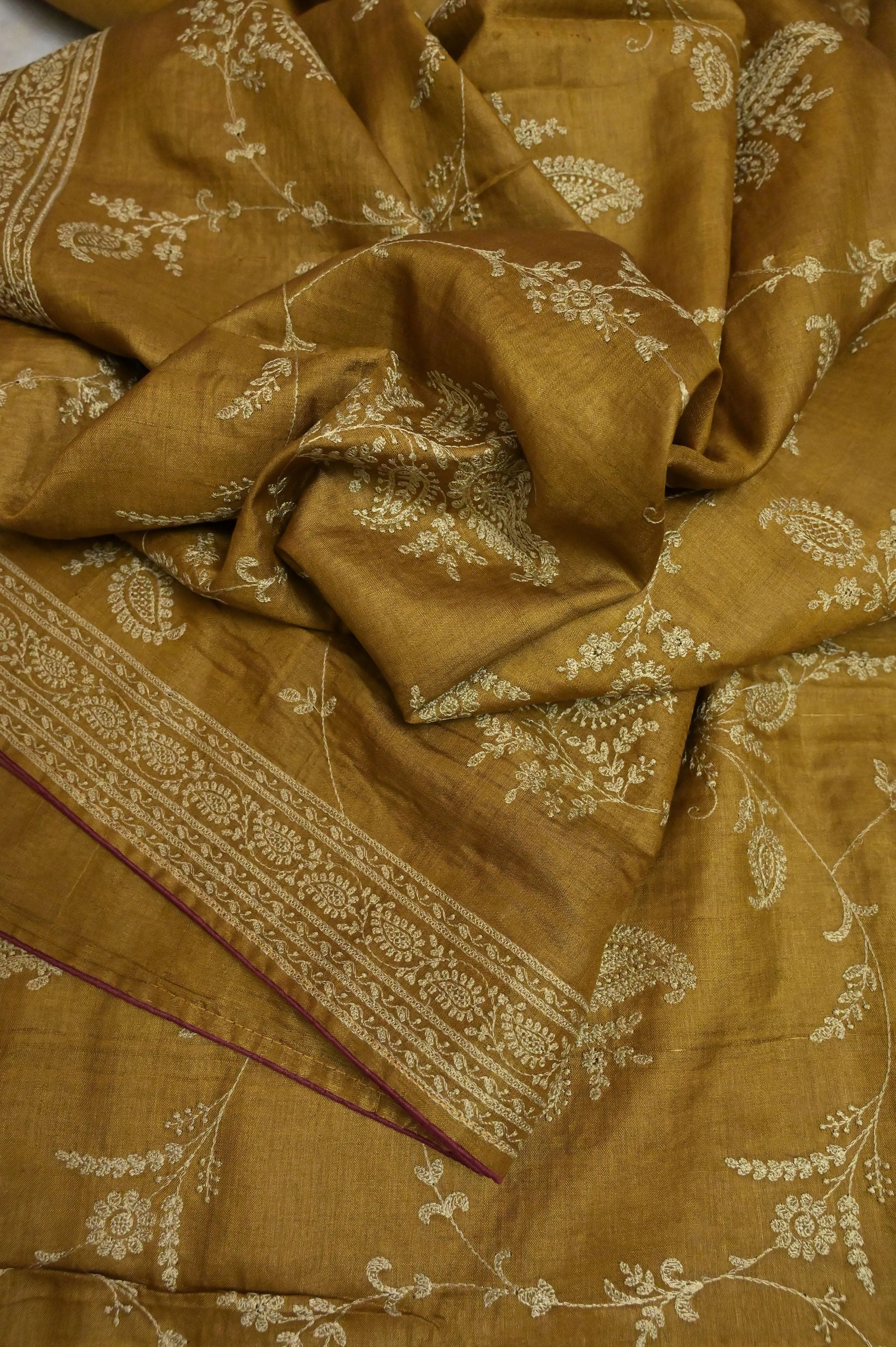 Golden Yellow Color Gachi Tussar Silk Saree with Chikankari and Sequin Work