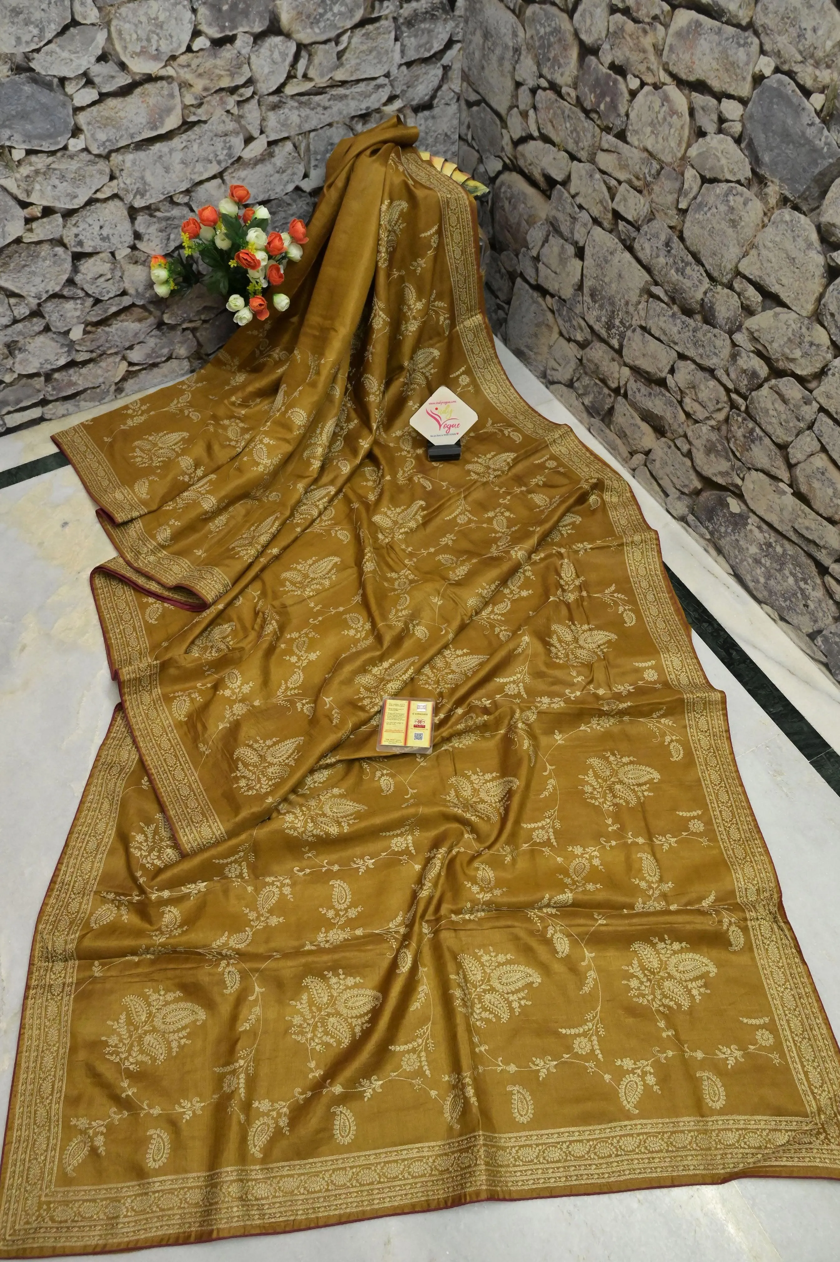 Golden Yellow Color Gachi Tussar Silk Saree with Chikankari and Sequin Work