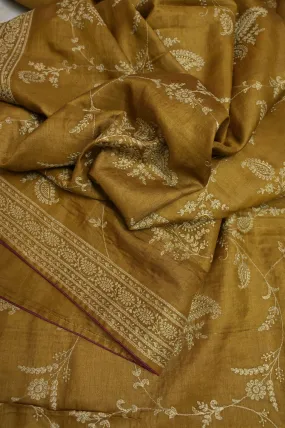 Golden Yellow Color Gachi Tussar Silk Saree with Chikankari and Sequin Work