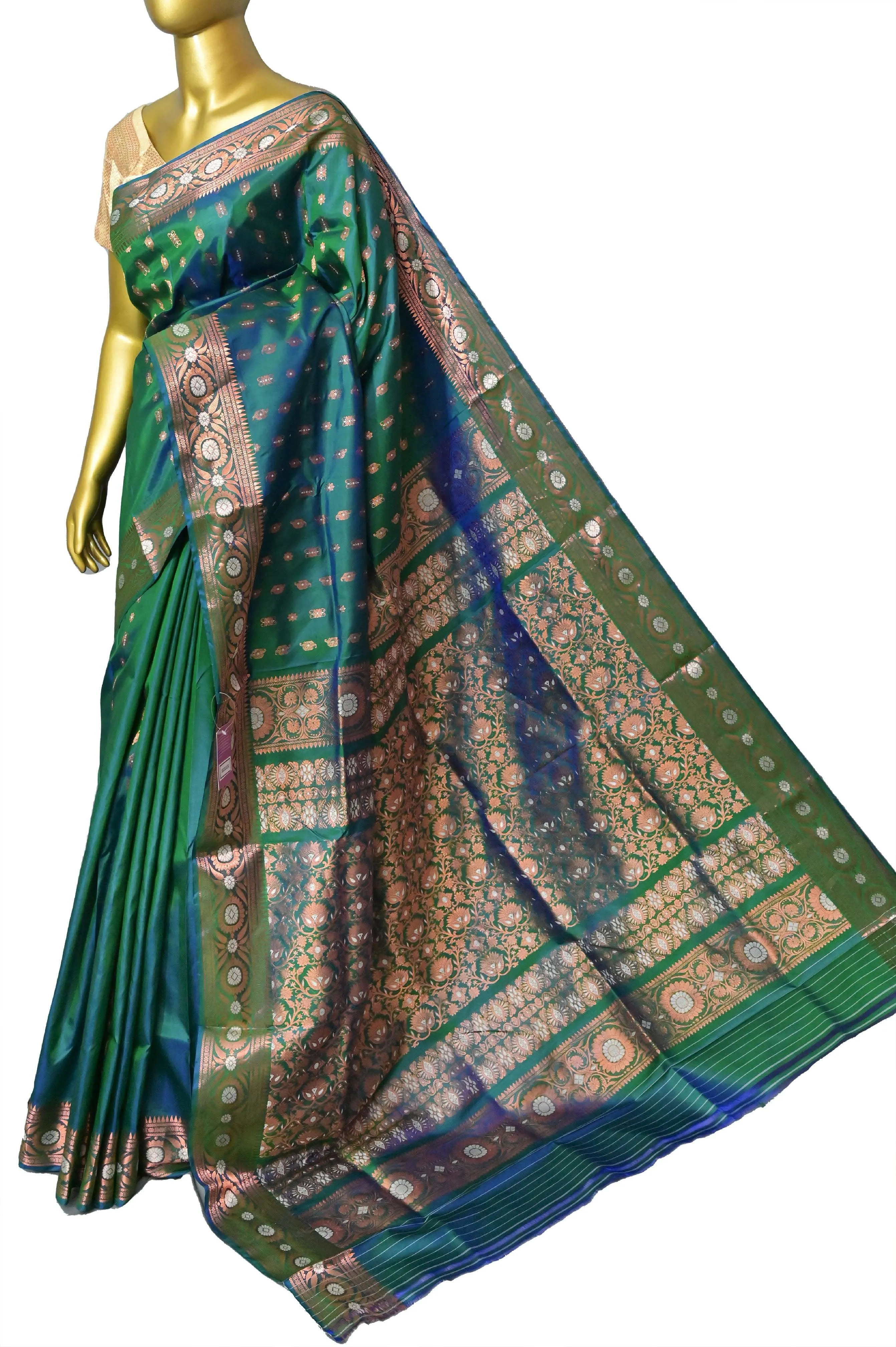 Green and Blue Dual Tone Pure Baluchari Silk with Copper Zari Work