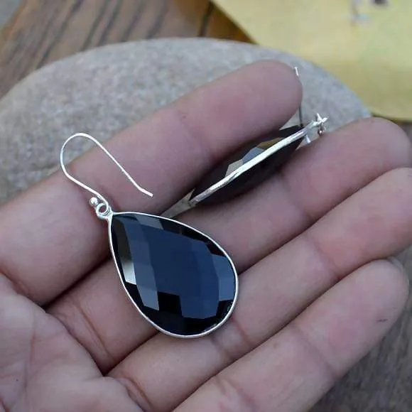 Heart Black Onyx Dangle Earrings, Onyx Bezel Gemstone Earrings, Onyx Gemstone, Briolette Earrings,Brides Wedding, Sterling Silver Earrings, Onyx Gemstone, Nickel Free