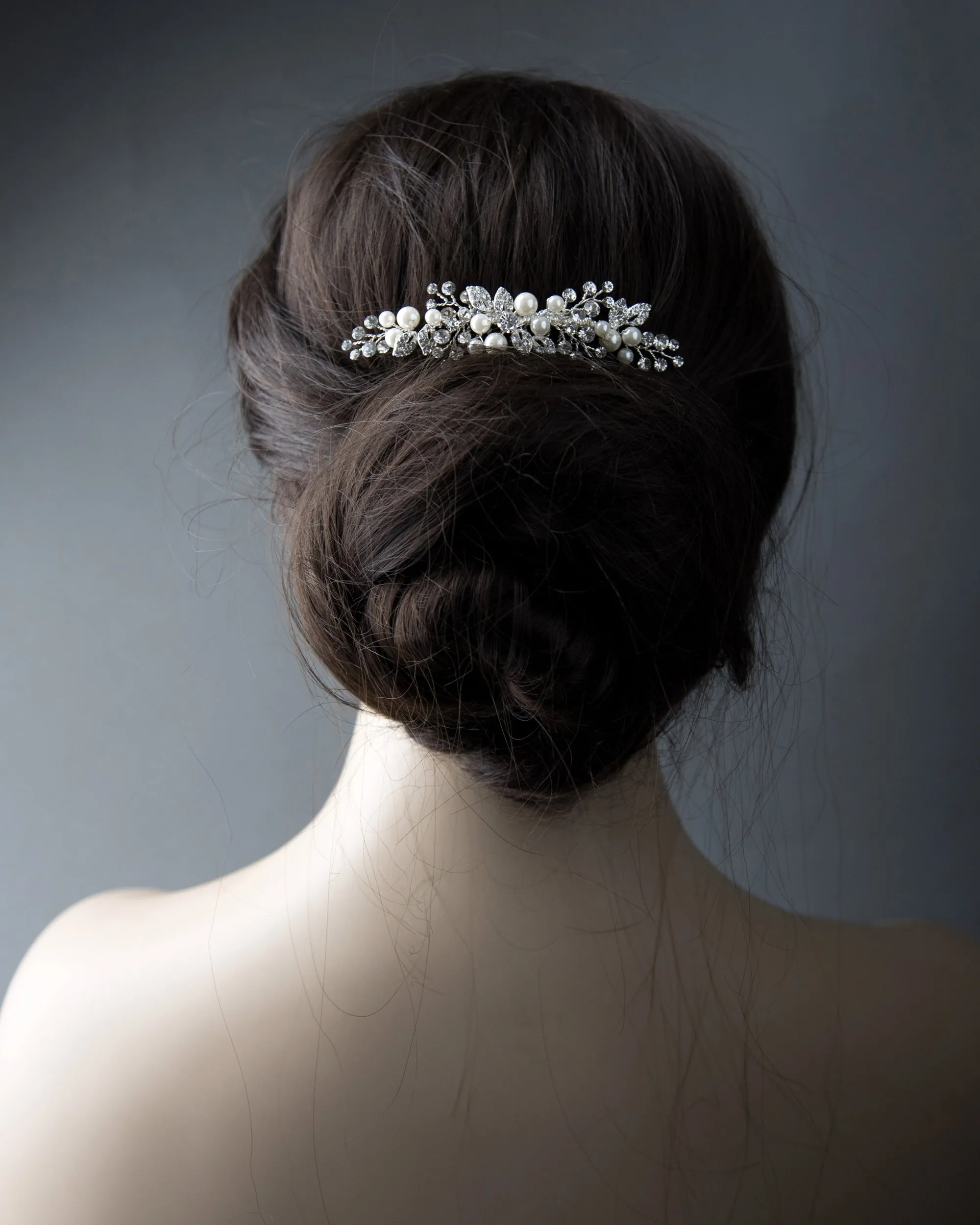 Ivory Pearl and Crystal Leaves Narrow Hair Comb