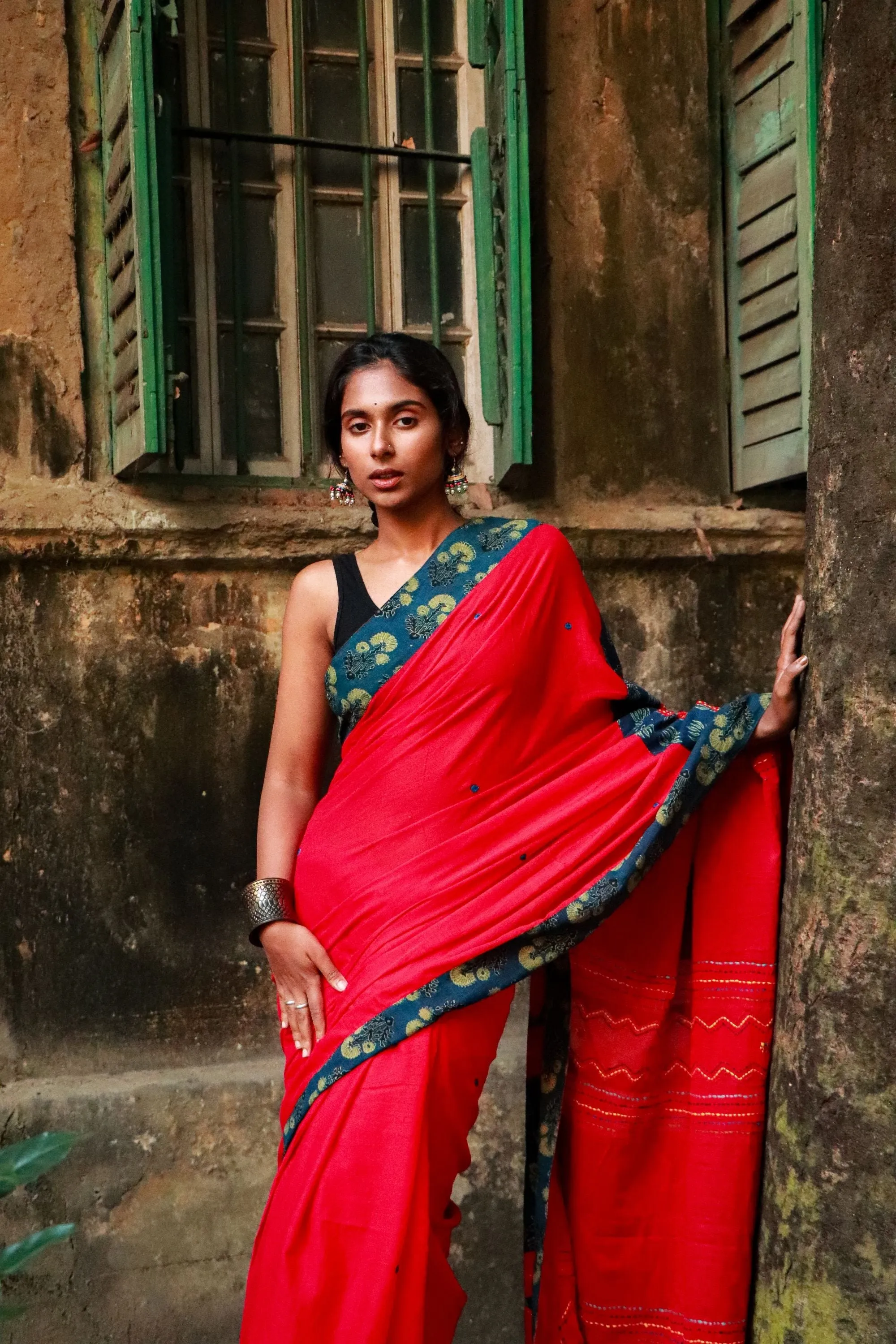 Jharokha -  Blue and Red Ajrakh handblockprinted patchwork Gudri Barmer saree