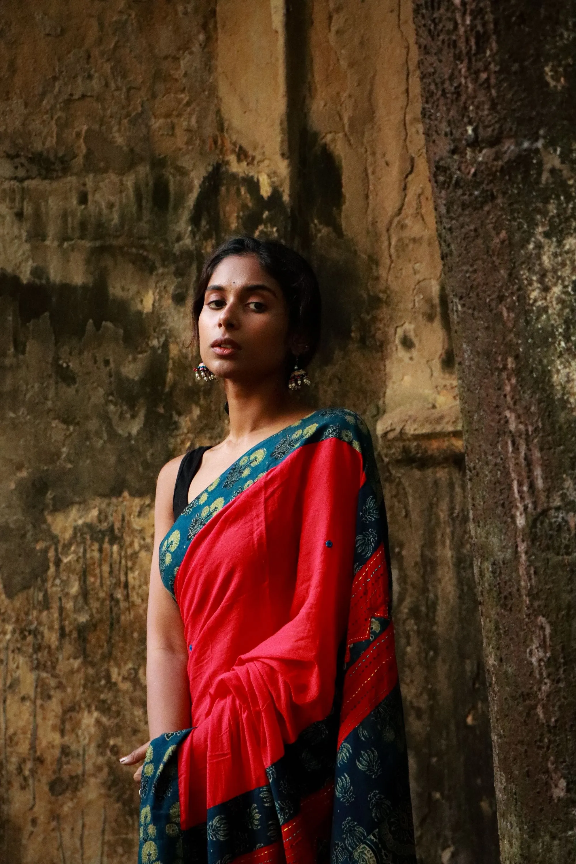 Jharokha -  Blue and Red Ajrakh handblockprinted patchwork Gudri Barmer saree