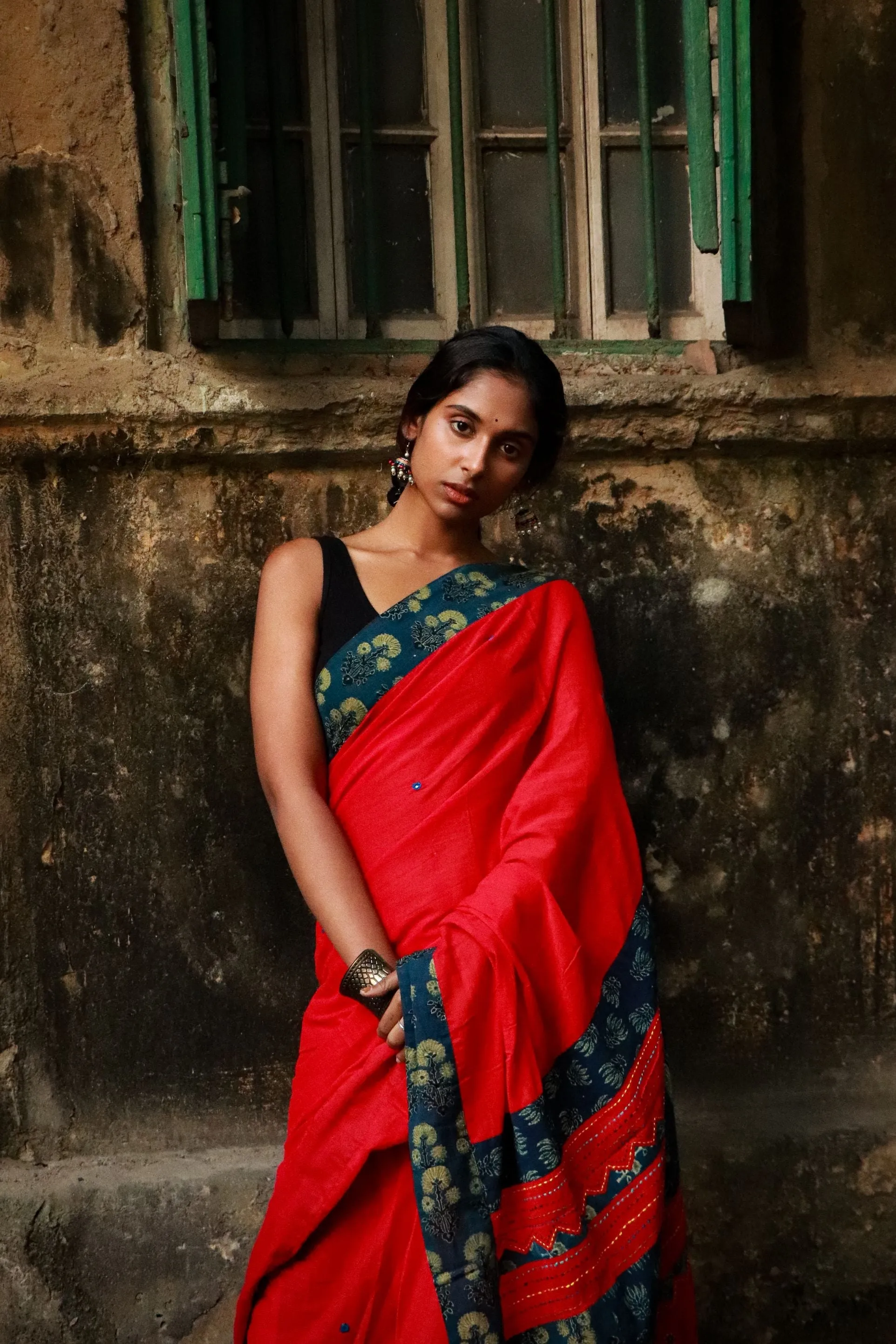 Jharokha -  Blue and Red Ajrakh handblockprinted patchwork Gudri Barmer saree